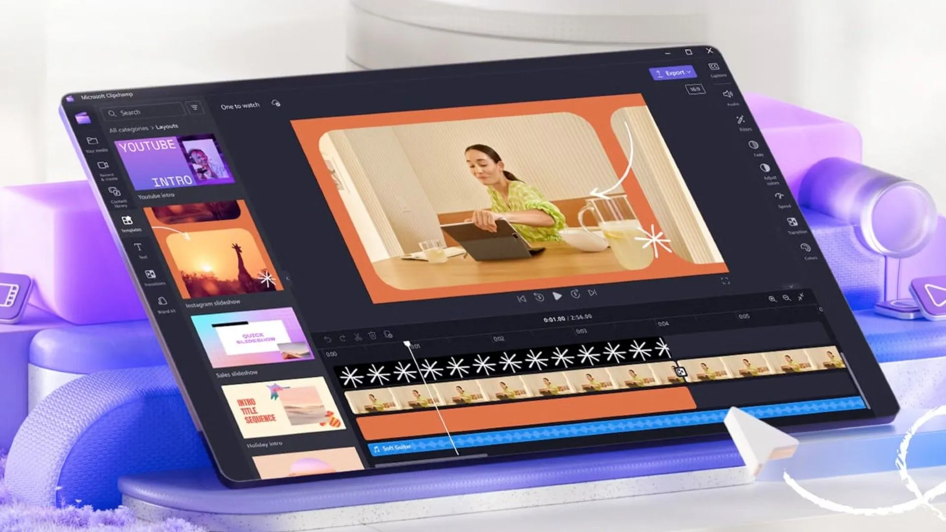 Ảnh chụp màn hình của ứng dụng chỉnh sửa video Clipchamp của Microsoft, hiển thị giao diện chỉnh sửa với dòng thời gian và các công cụ