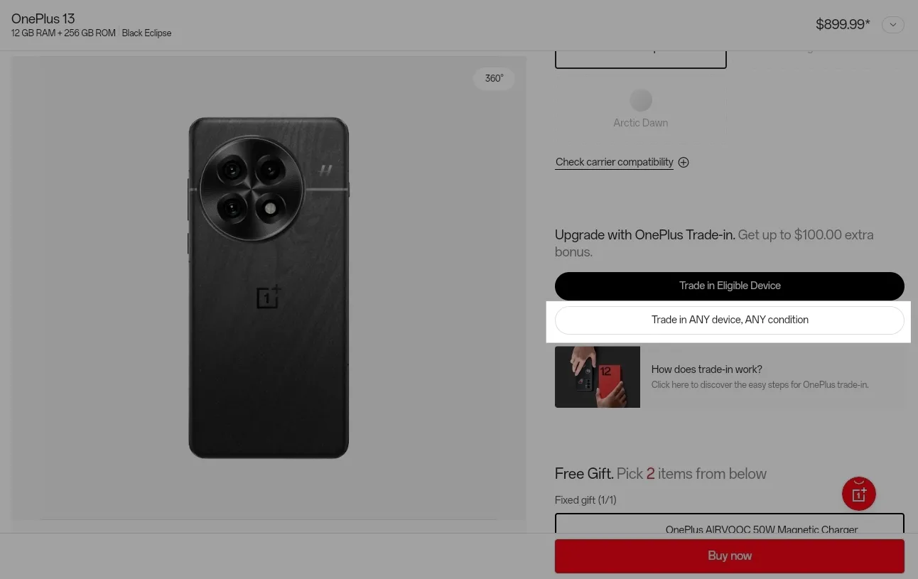 Ảnh chụp màn hình trang web OnePlus hiển thị chương trình trade-in chấp nhận mọi điện thoại cũ dù trong bất kỳ điều kiện nào.
