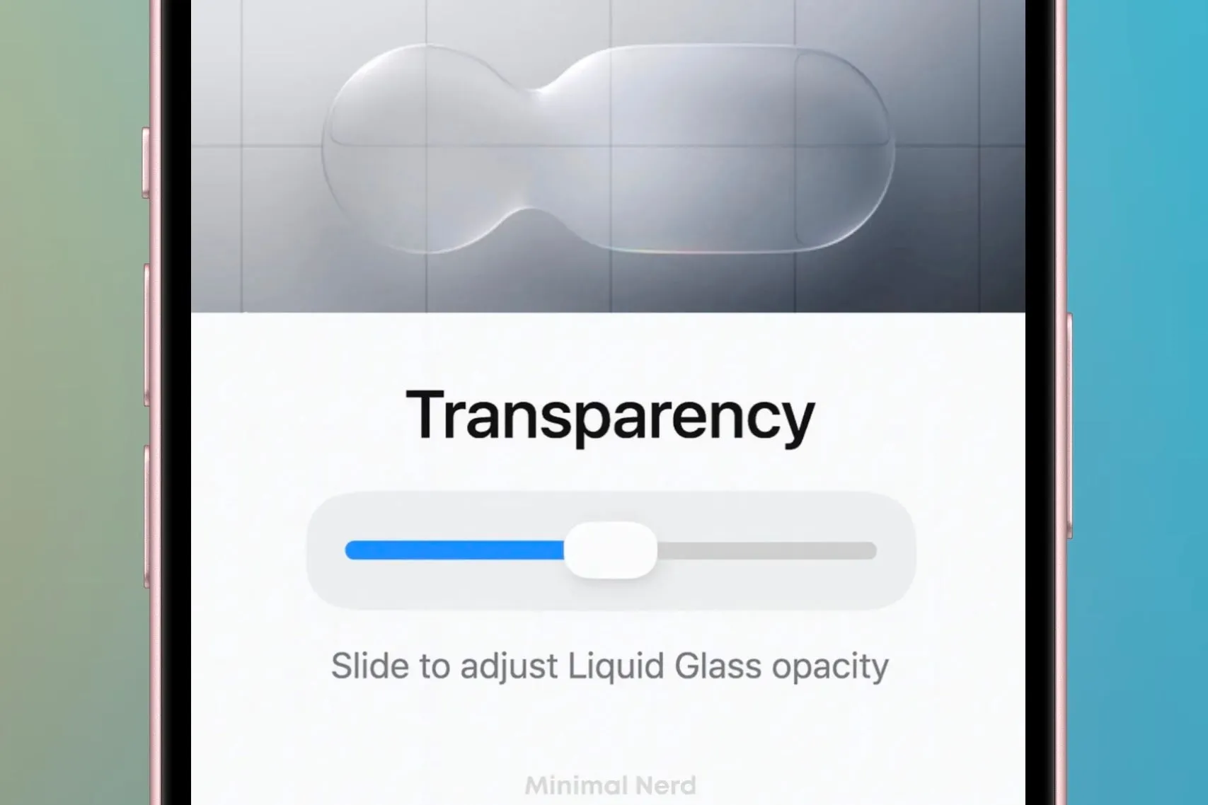 Ảnh mô phỏng giao diện iOS với thanh trượt tùy chỉnh cường độ hiệu ứng Liquid Glass.