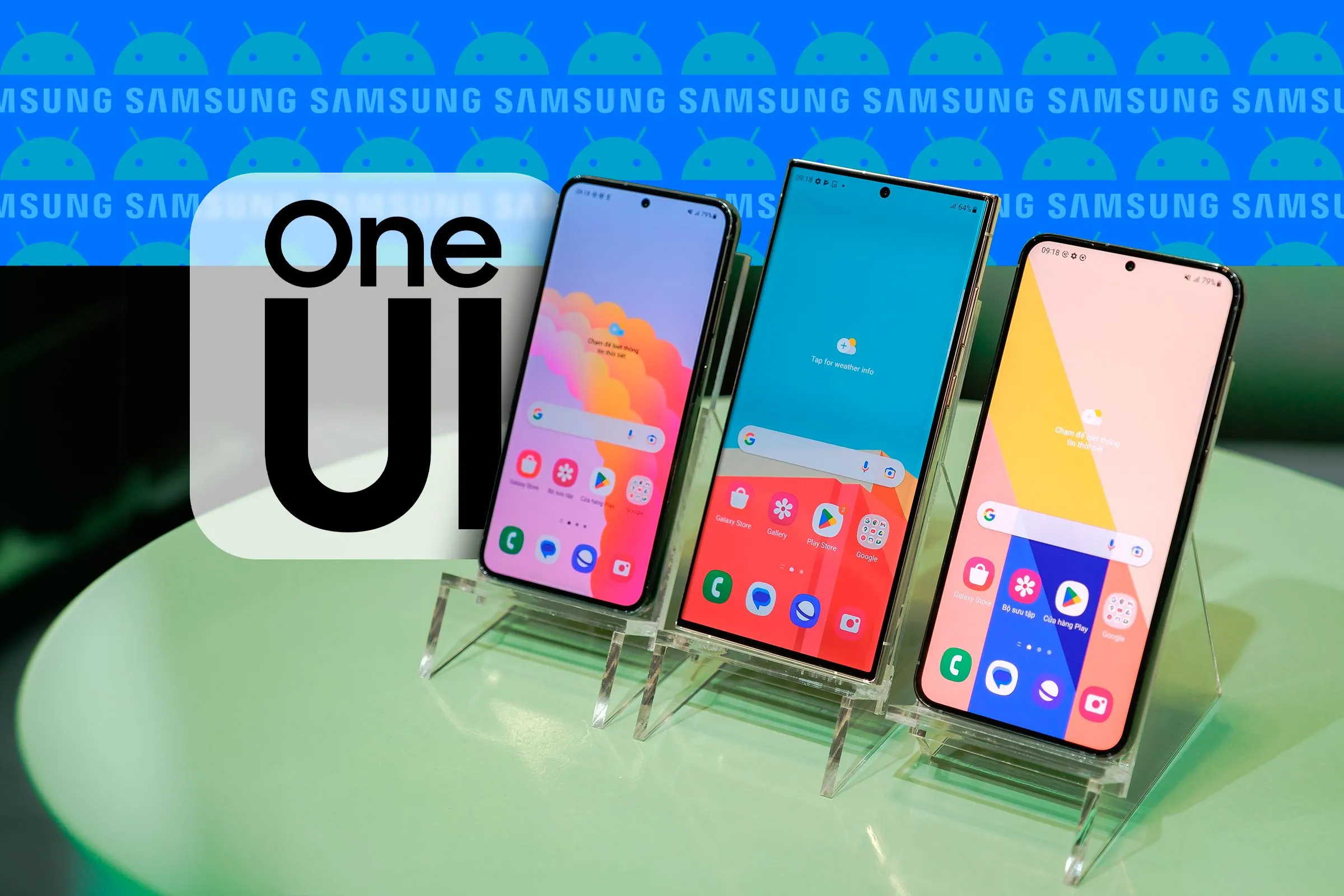Ba điện thoại Samsung Galaxy hiển thị giao diện One UI, kèm logo One UI, Samsung và Android