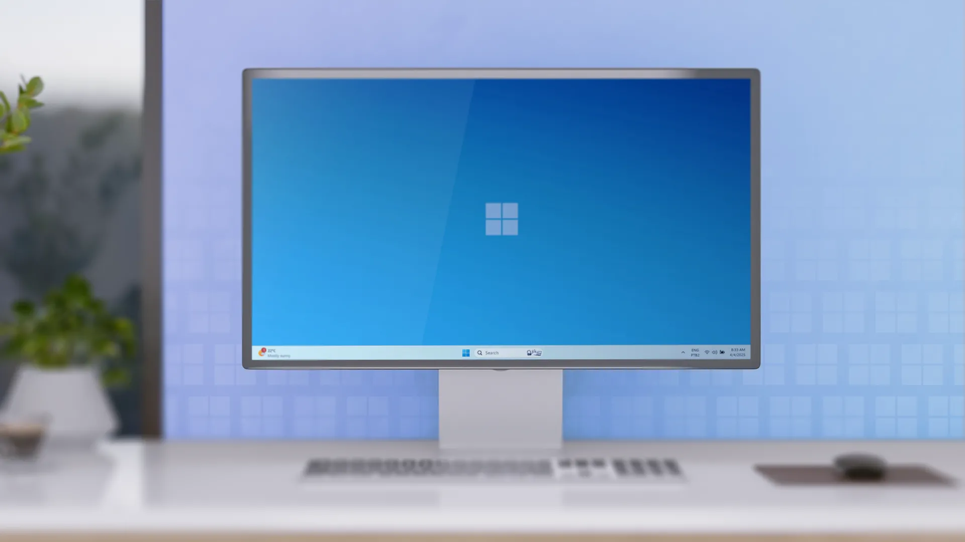 Bàn làm việc với máy tính để bàn chạy Windows 11, đại diện cho hệ thống PC truyền thống vẫn phổ biến.