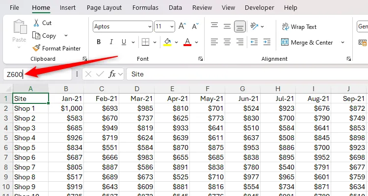 Bảng tính Excel hiển thị ô tham chiếu Z600 được nhập vào hộp tên để điều hướng nhanh chóng.
