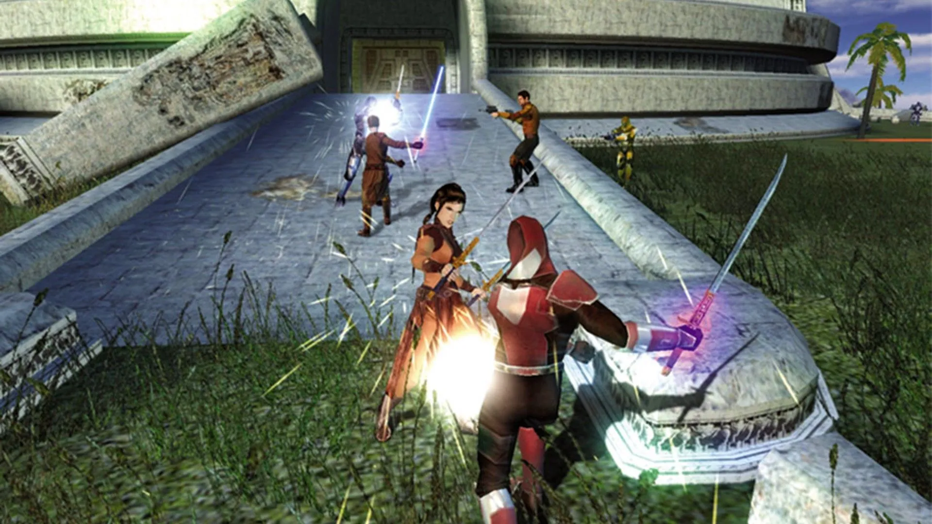 Bastila Shan chiến đấu trong Star Wars KOTOR, một lựa chọn lãng mạn quan trọng trong game.