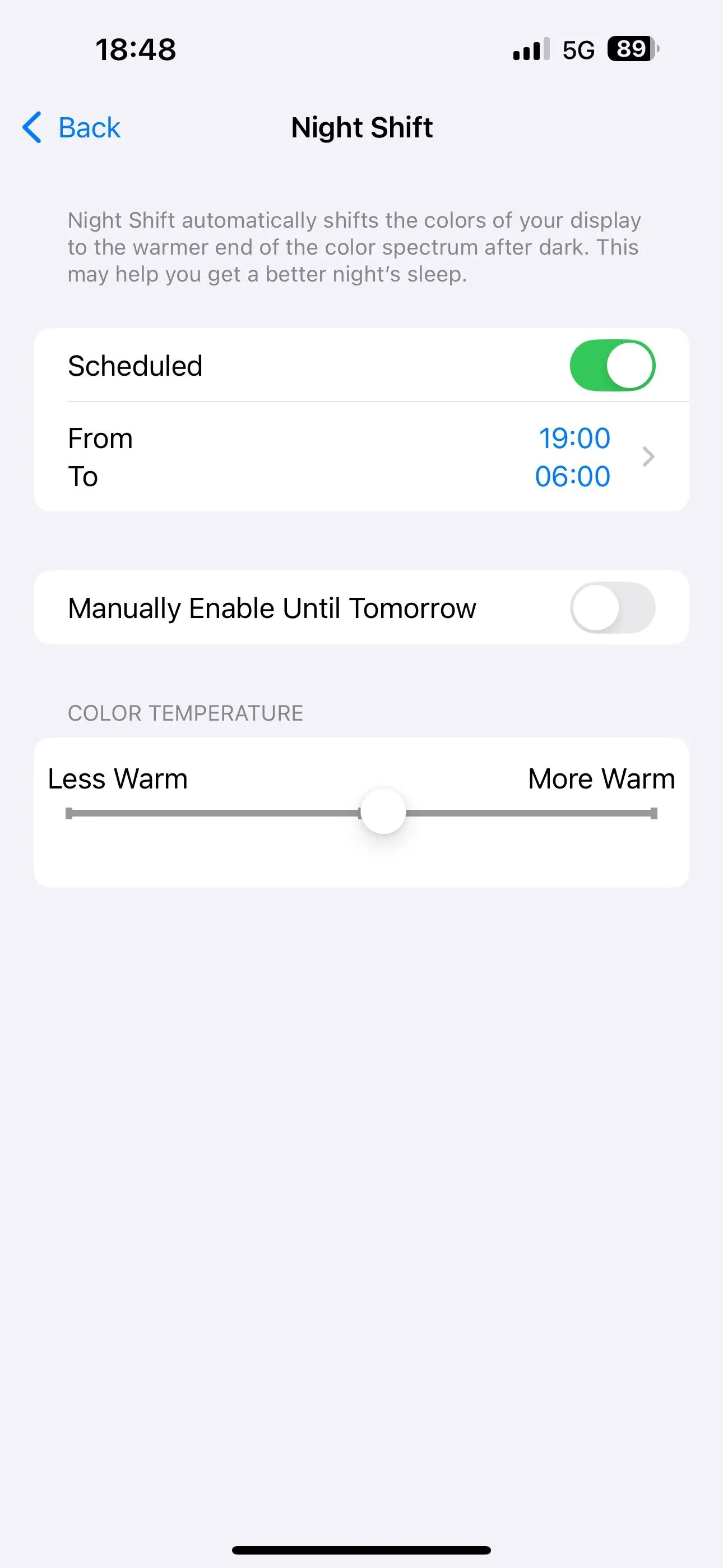 Bật tùy chọn Lên lịch cho Night Shift trong Cài đặt iOS.