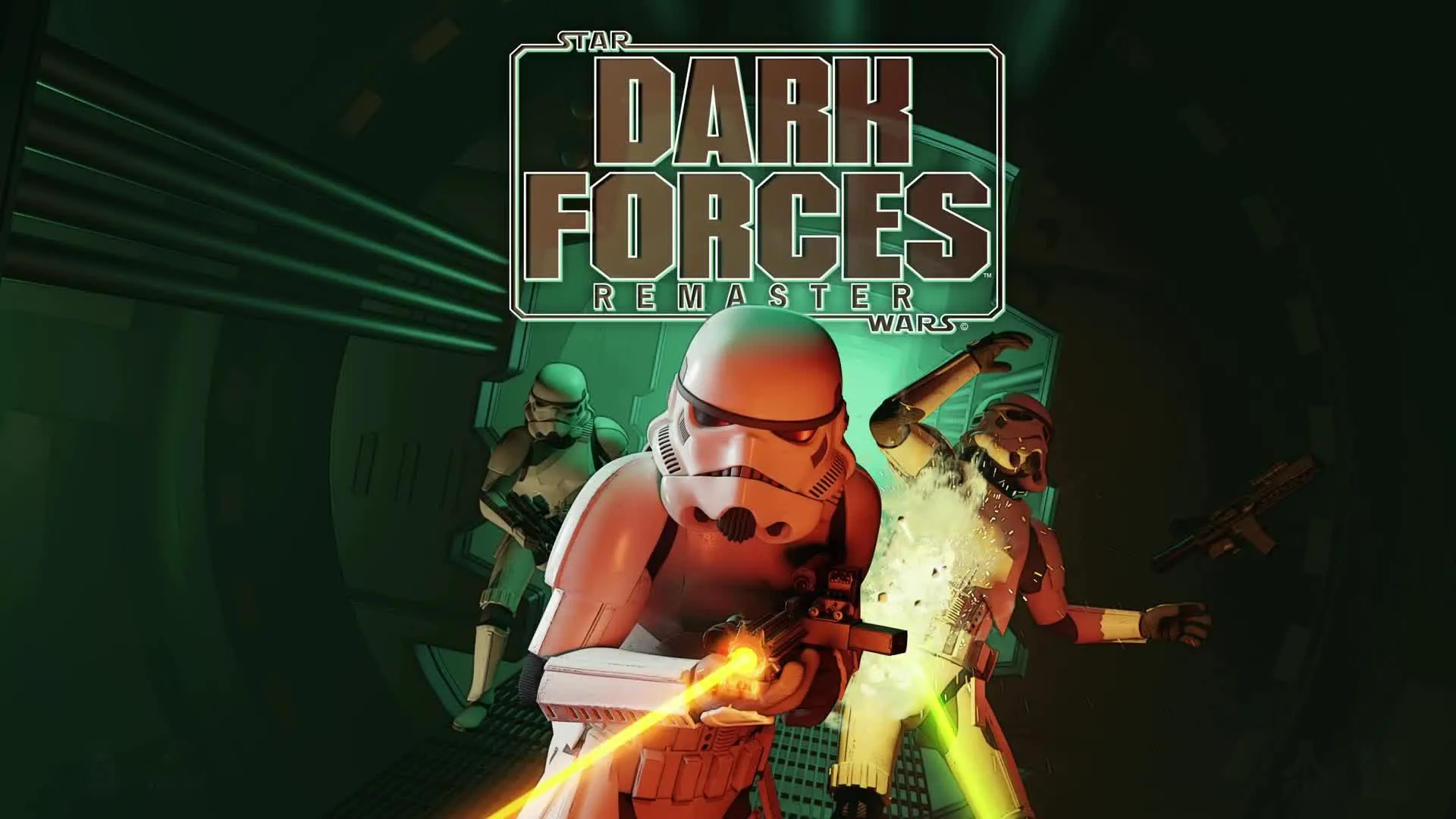 Bìa game Star Wars: Dark Forces với nhân vật chính Kyle Katarn và quân đội Đế Chế, thể hiện phong cách FPS kinh điển.