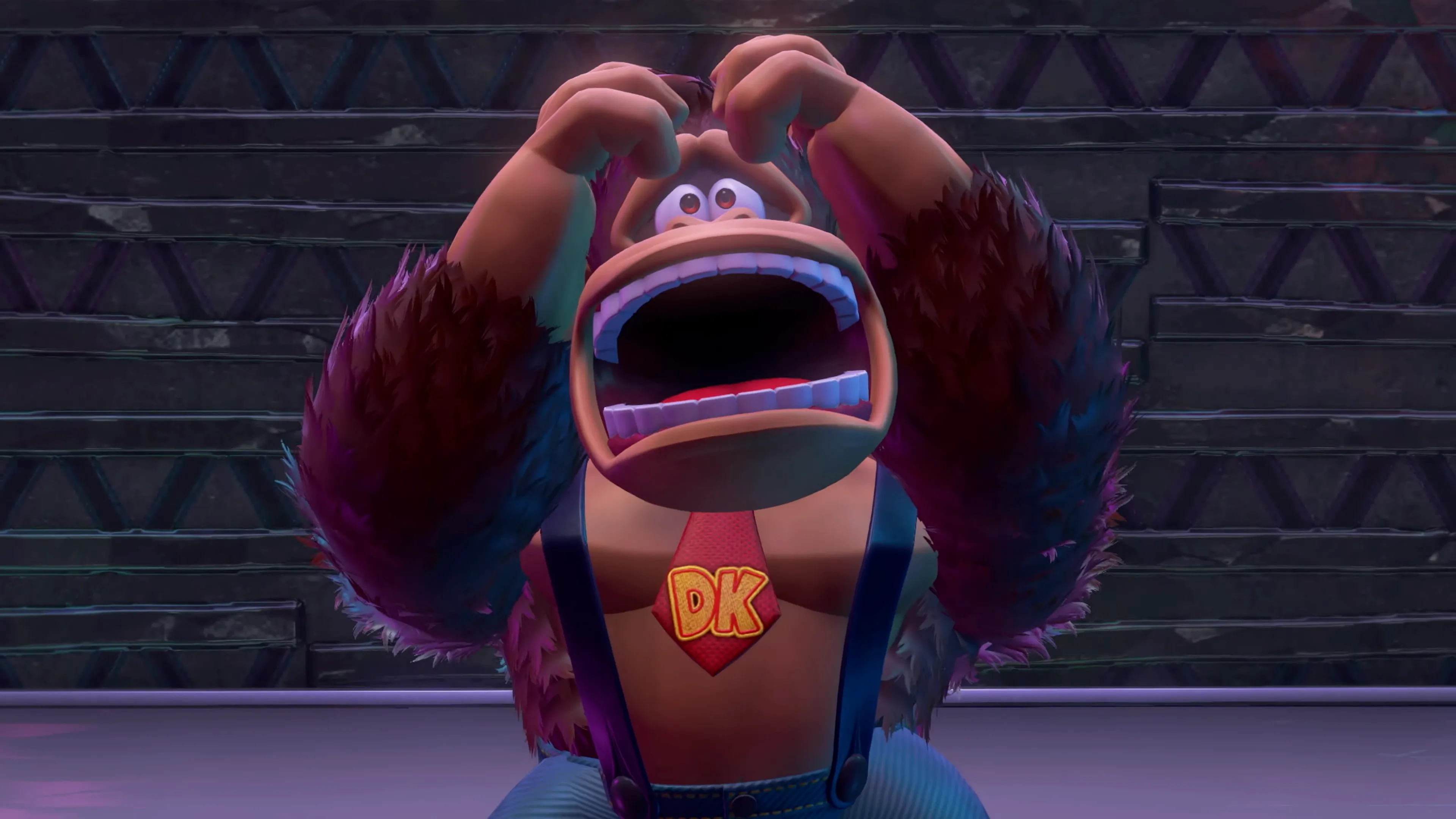 Biểu cảm đau khổ của Donkey Kong trong game Donkey Kong Bananza trên Nintendo Switch 2