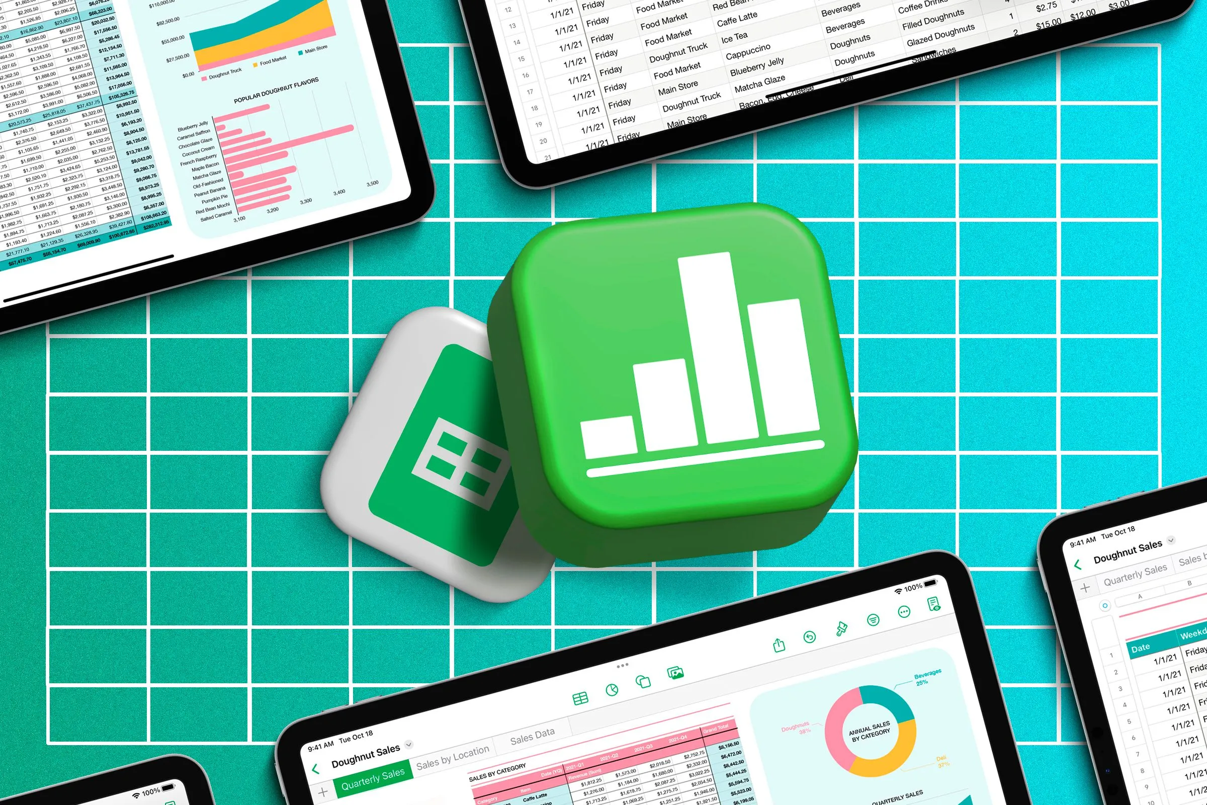Biểu tượng Apple Numbers nằm trên biểu tượng Google Sheets với các bảng tính xung quanh, thể hiện khả năng so sánh giữa hai ứng dụng.