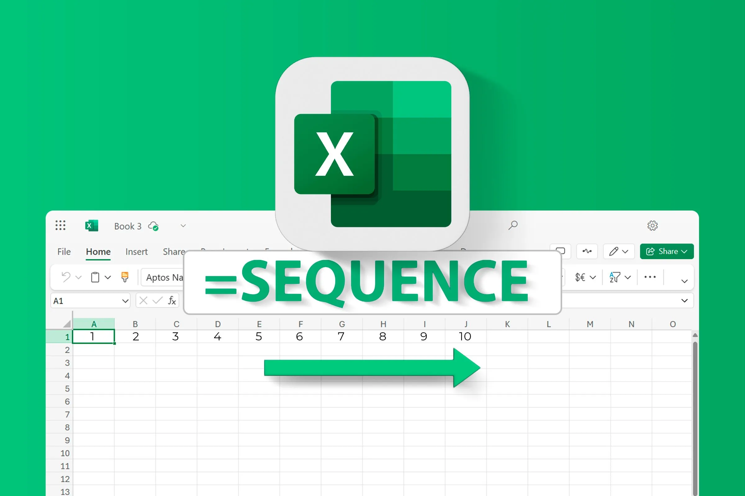 Biểu tượng Excel và một bảng tính hiển thị công thức SEQUENCE, minh họa cách hàm này tạo ra chuỗi số tự động.