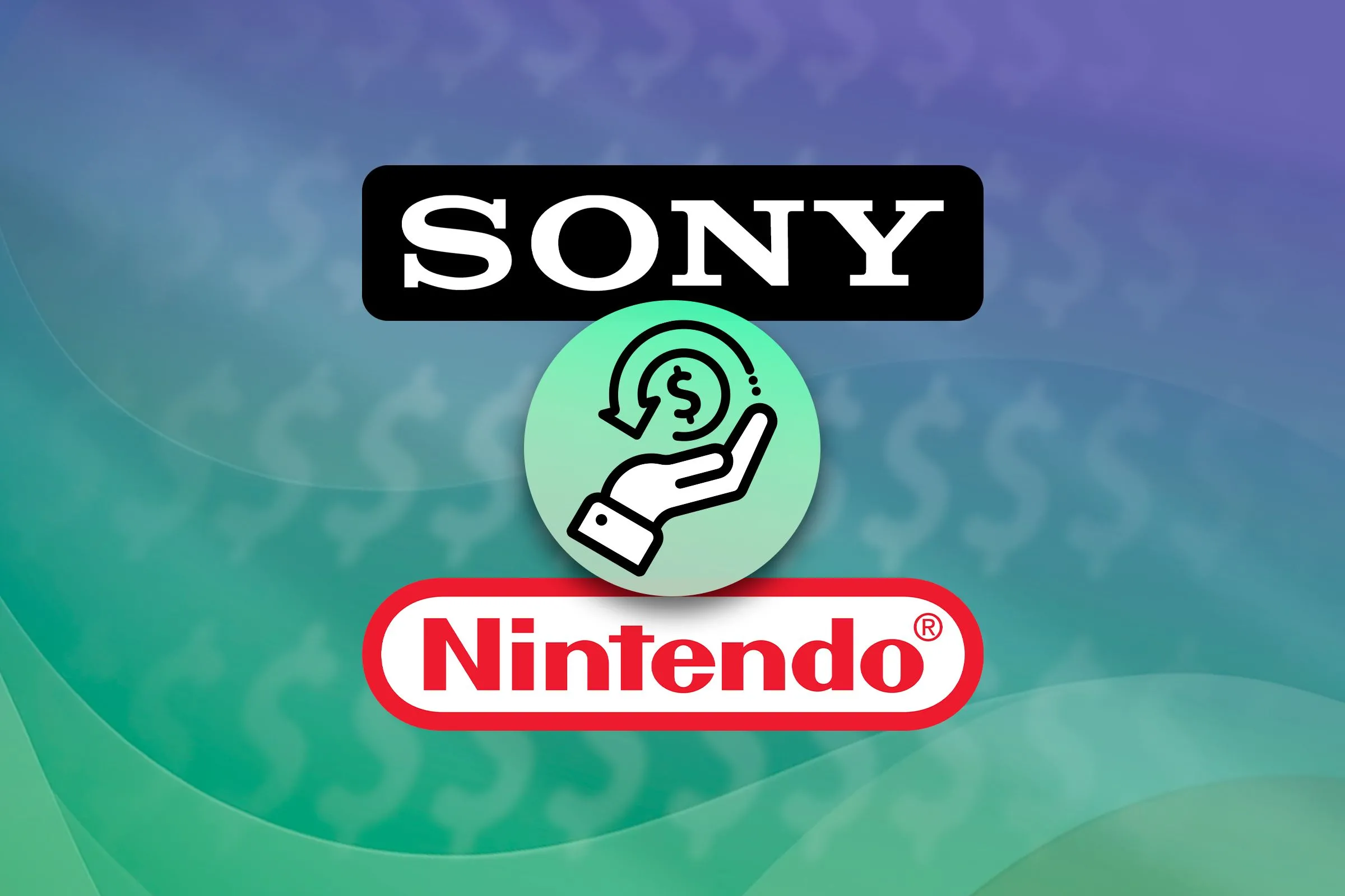 Biểu tượng hoàn tiền nằm giữa logo Sony và Nintendo, thể hiện vấn đề chính sách hoàn tiền của các nền tảng game kỹ thuật số.