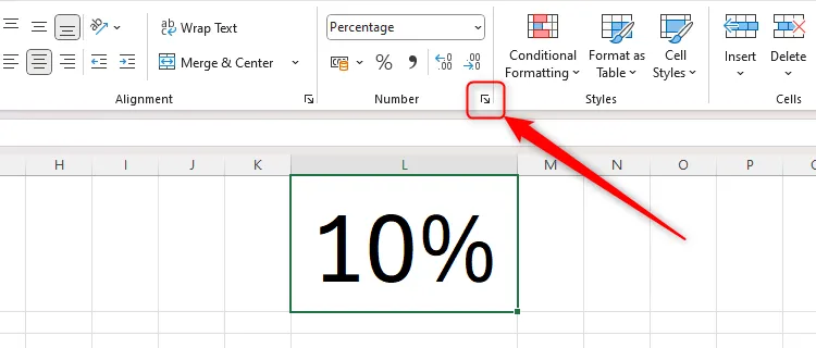 Biểu tượng mở hộp thoại Format Cells trong nhóm Number trên tab Home của Excel