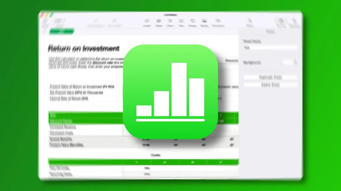 Biểu tượng ứng dụng Apple Numbers đặt trên nền ảnh chụp màn hình bảng tính Numbers bị làm mờ, thể hiện khả năng quản lý tài chính.