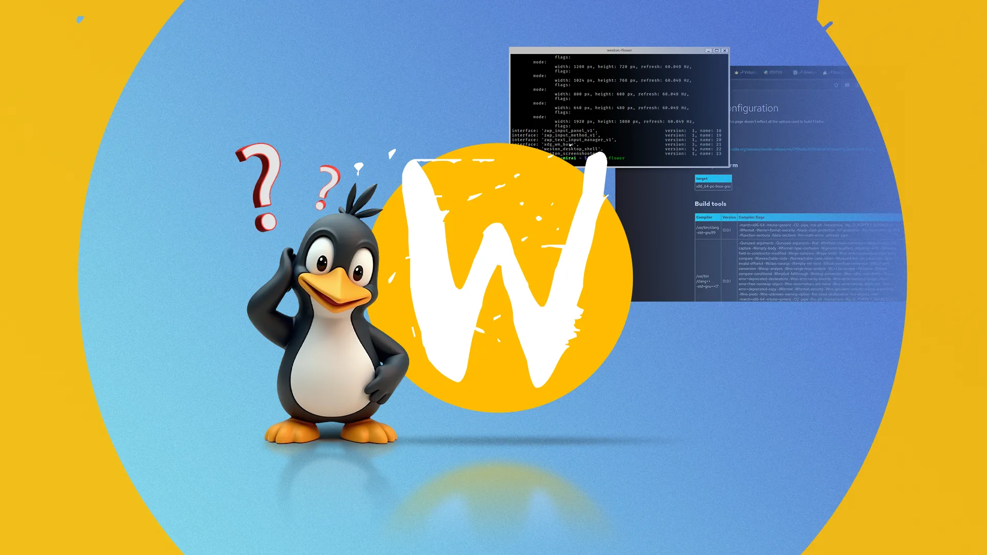Biểu tượng Wayland và linh vật Linux đang bối rối