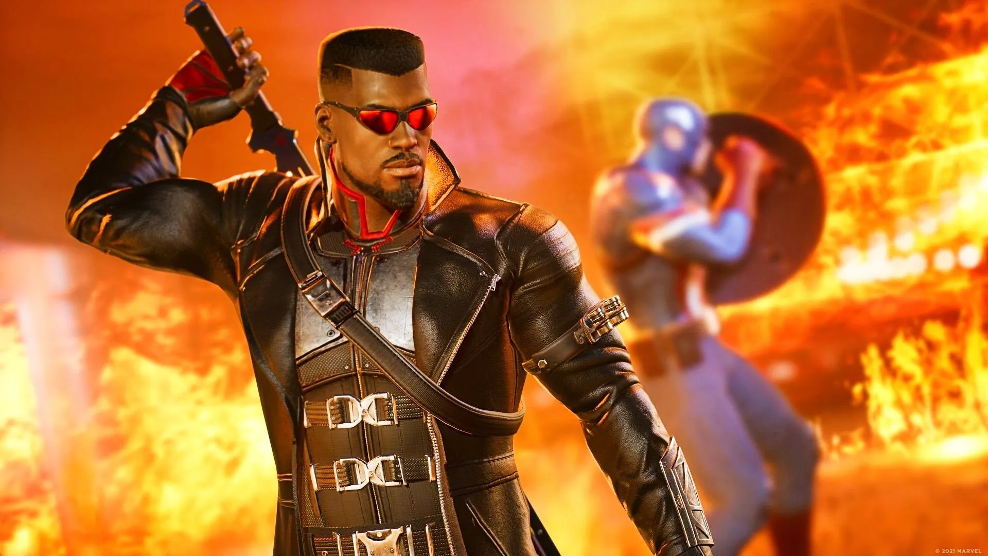 Blade và Captain America trong Marvel’s Midnight Suns, cho thấy gameplay chiến thuật theo lượt với các siêu anh hùng.