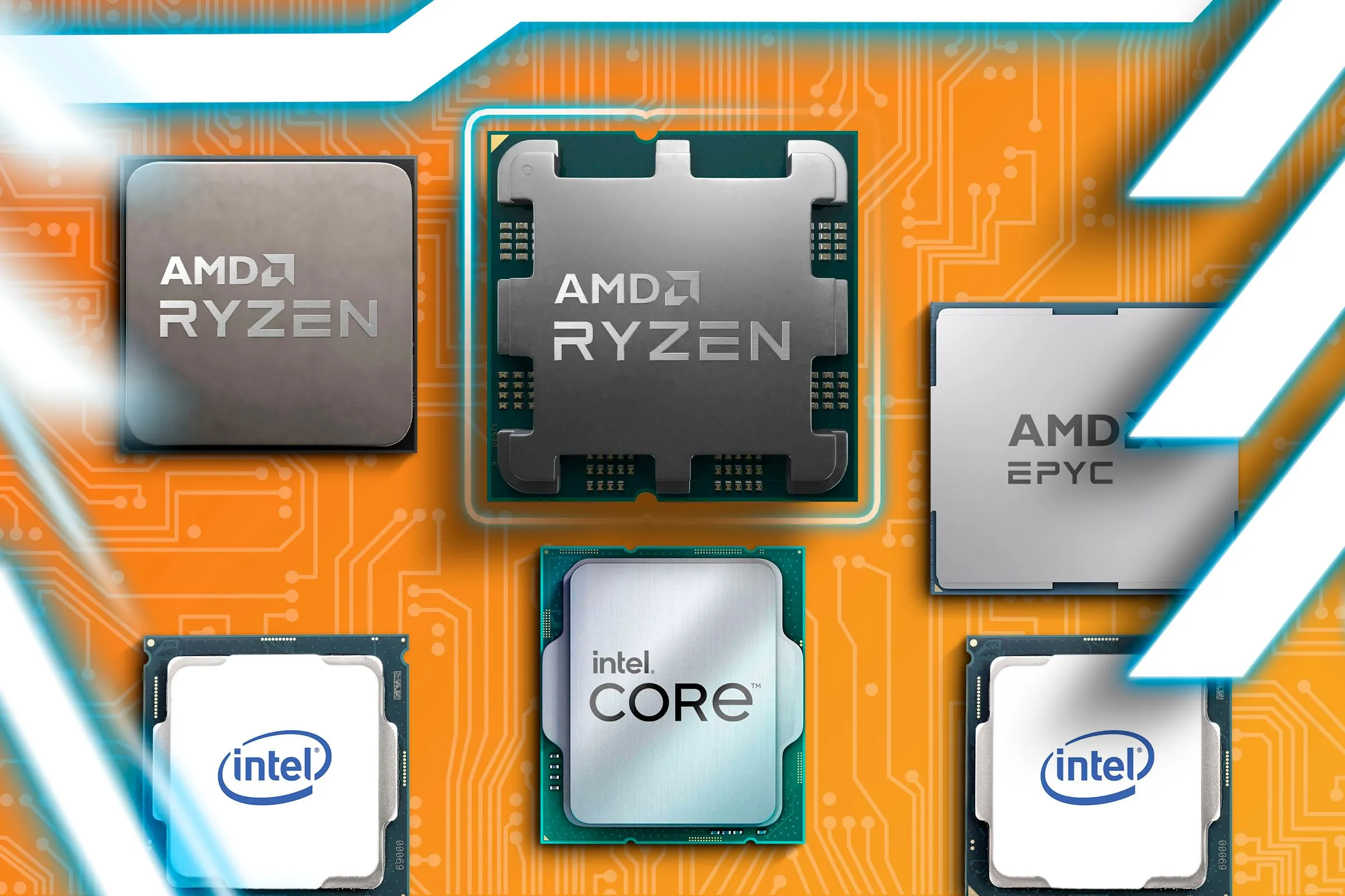 Các bộ vi xử lý Intel và AMD trên bề mặt mạch điện tử.