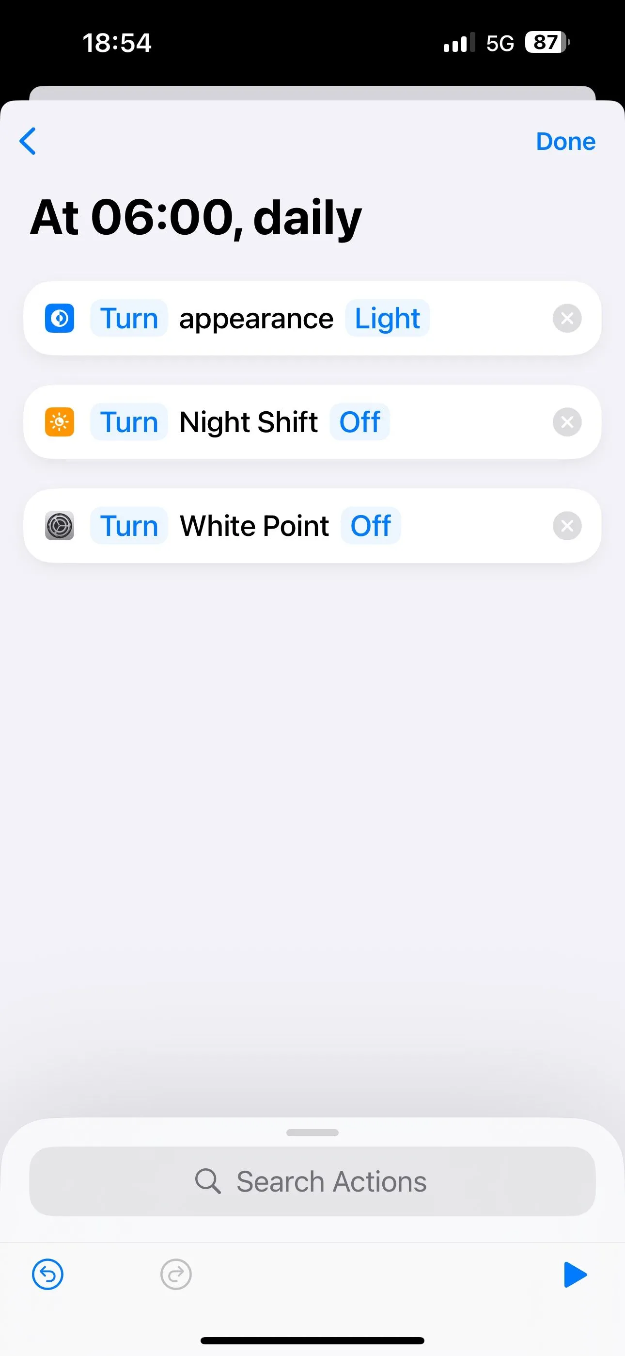 Các hành động Đặt Giao diện, Đặt Night Shift và Đặt Điểm trắng được thêm vào tự động hóa Phím tắt.