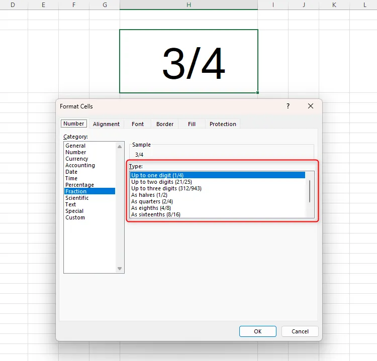 Các loại định dạng phân số khác nhau có sẵn trong hộp thoại Format Cells của Excel