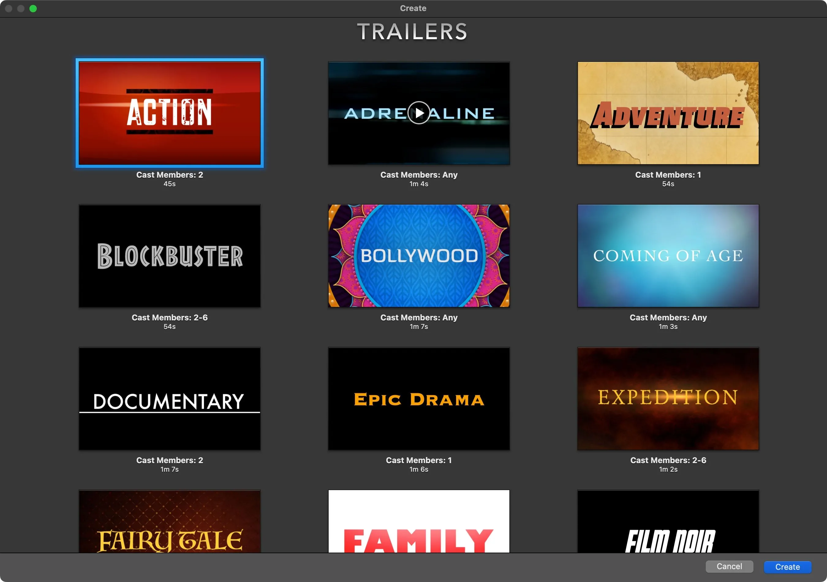 Các mẫu trailer đa dạng trong iMovie cho Mac, hiển thị tùy chọn lựa chọn.