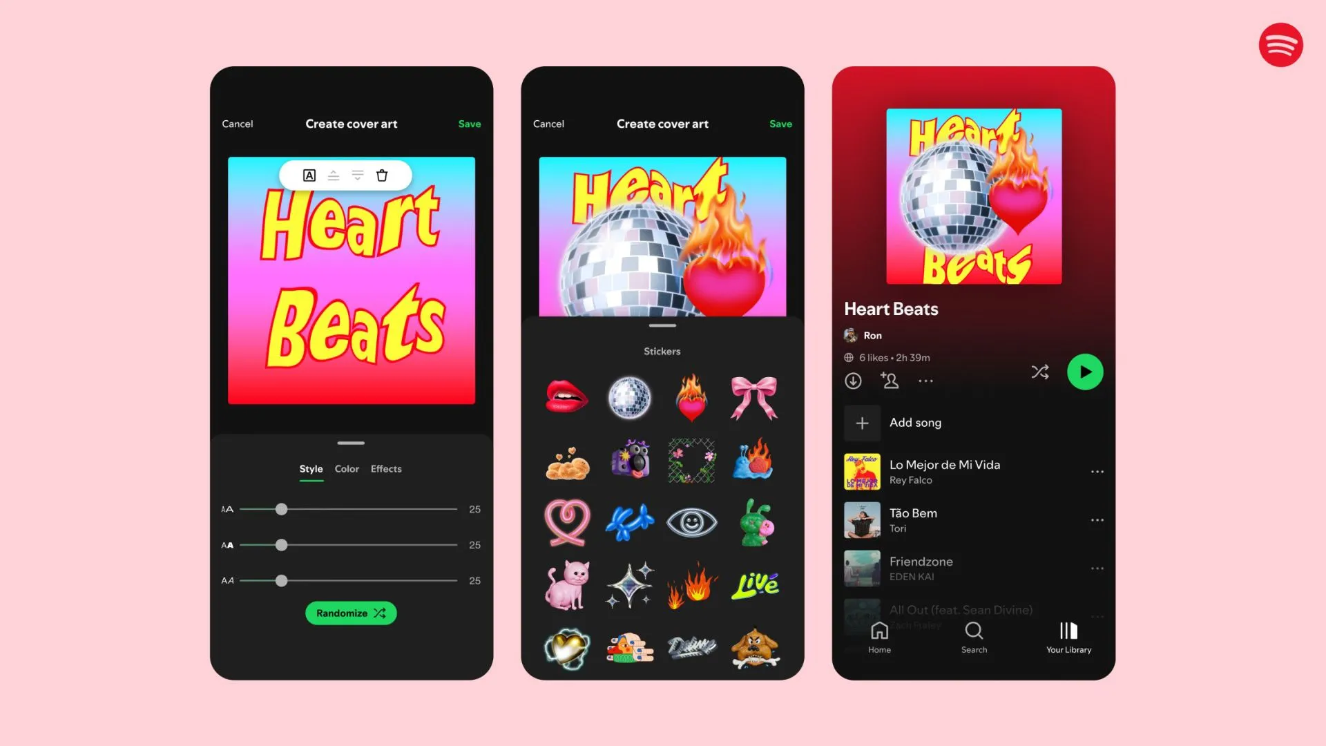 Các sticker và biểu tượng trang trí Ngày Valentine của Spotify, được thiết kế để cá nhân hóa bìa danh sách phát