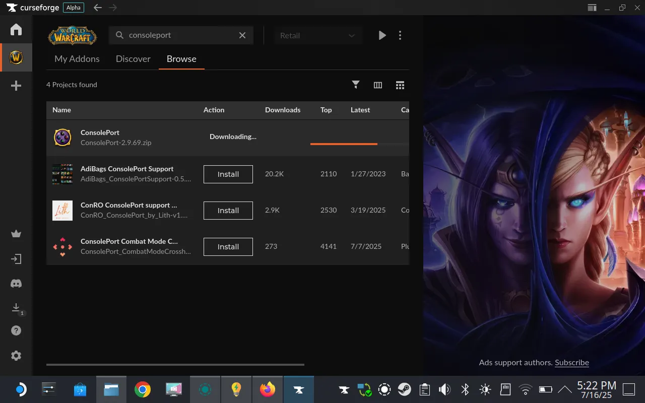 Cài đặt addon ConsolePort qua ứng dụng CurseForge để tối ưu tay cầm cho WoW
