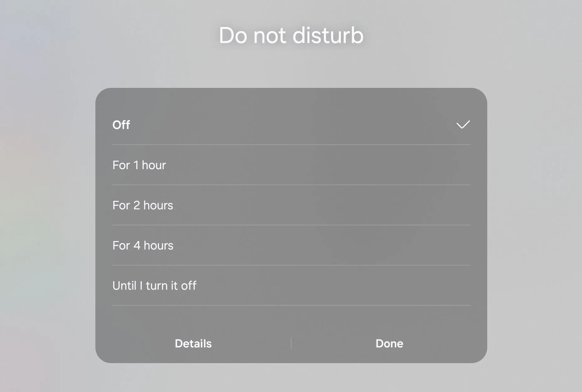 Cài đặt nhanh của Android hiển thị các tùy chọn về thời lượng chế độ &quot;Không Làm Phiền&quot;, như &quot;Cho đến khi tôi tắt&quot; hoặc &quot;Trong 1 giờ&quot;.