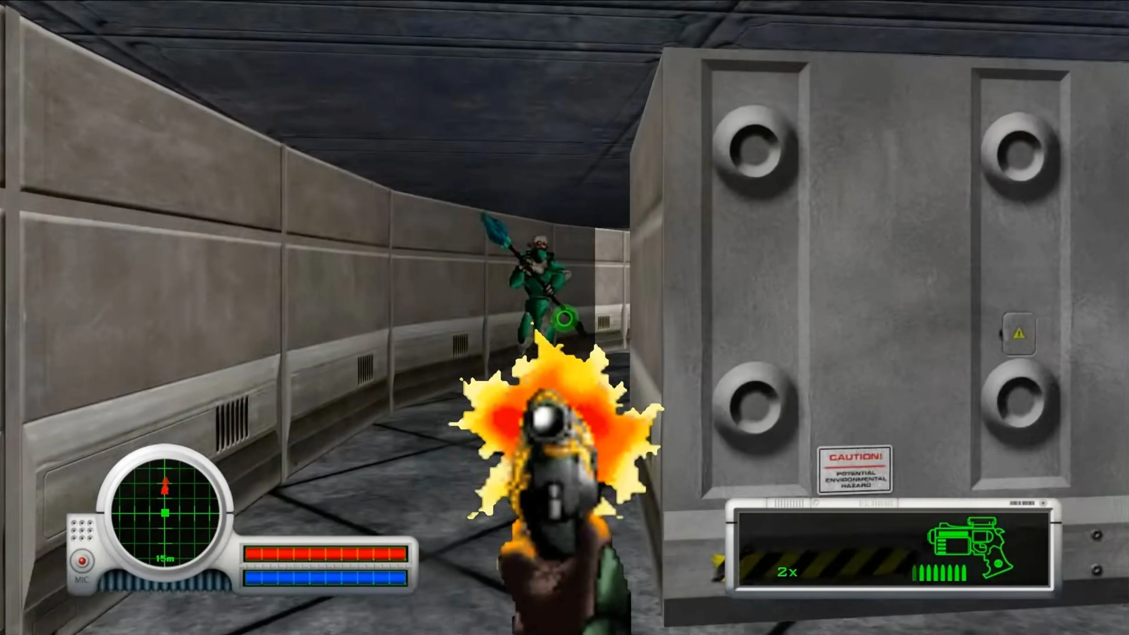 Cảnh chiến đấu trong không gian hẹp của game Marathon (1994).
