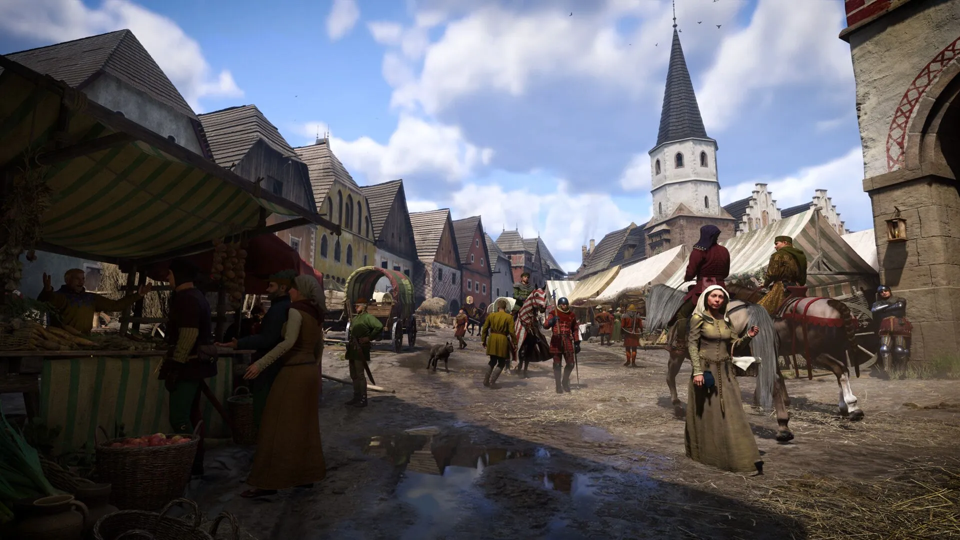 Cảnh trong game Kingdom Come Deliverance II, thể hiện một ngôi làng trung cổ với kiến trúc và trang phục chân thực.