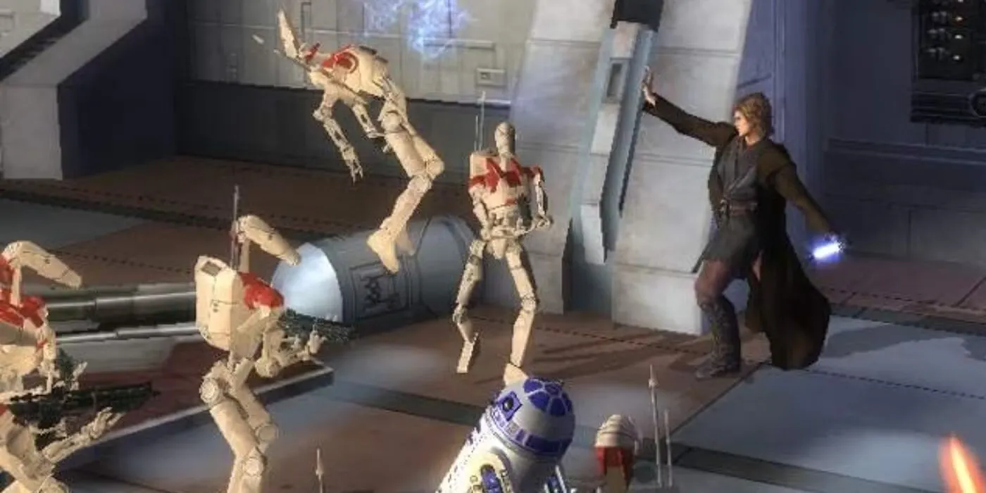 Cảnh trong game Star Wars Episode III: Revenge of the Sith, thể hiện Obi-Wan Kenobi đối đầu với droid chiến đấu, nhấn mạnh gameplay hành động.