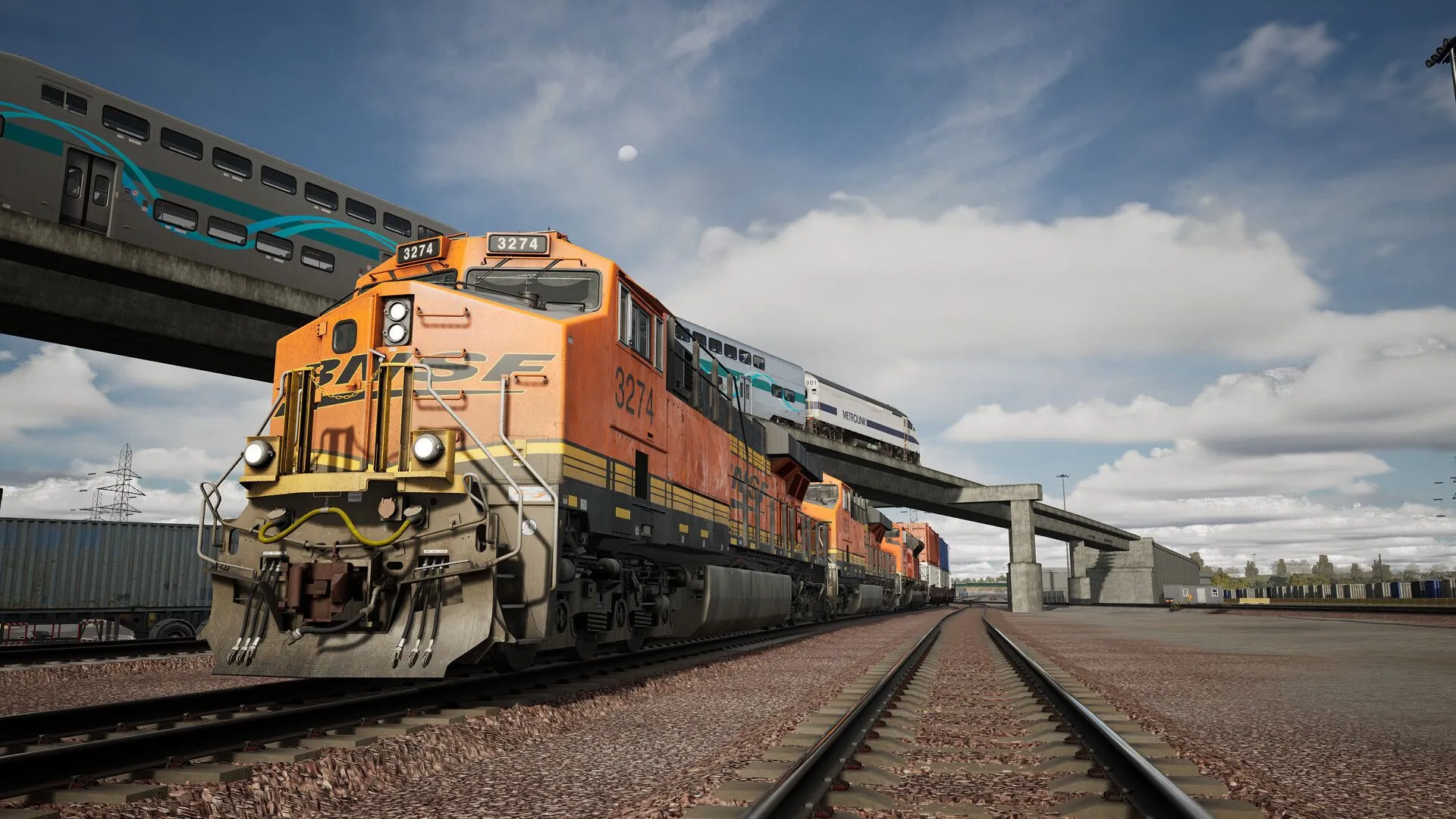 Cảnh trong game Train Sim World 5 cho thấy đầu máy xe lửa đang chạy trên đường ray, với khung cảnh đường sắt được tái hiện chi tiết.