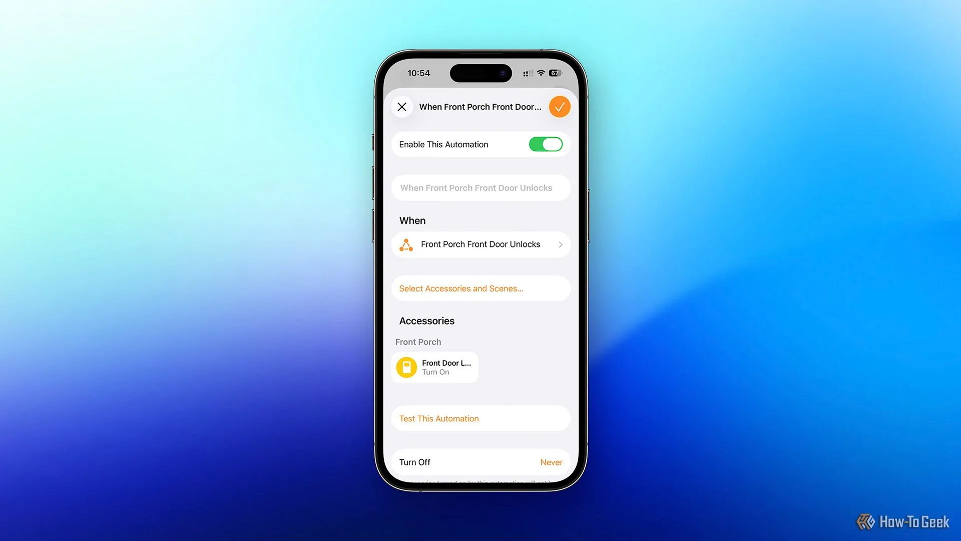 Cấu hình tự động hóa HomeKit để bật công tắc ảo khi cửa được mở khóa thủ công.