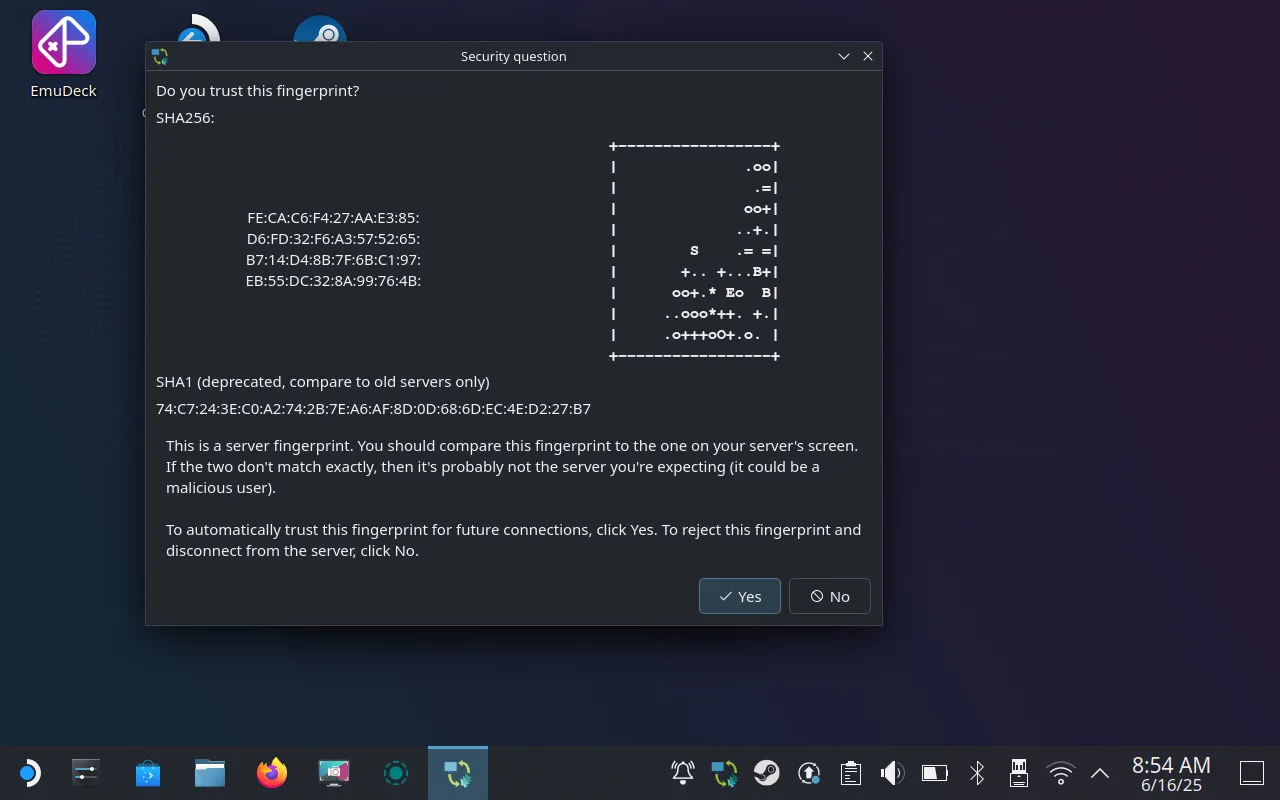 Chấp nhận dấu vân tay đến để kết nối Steam Deck làm client KVM.