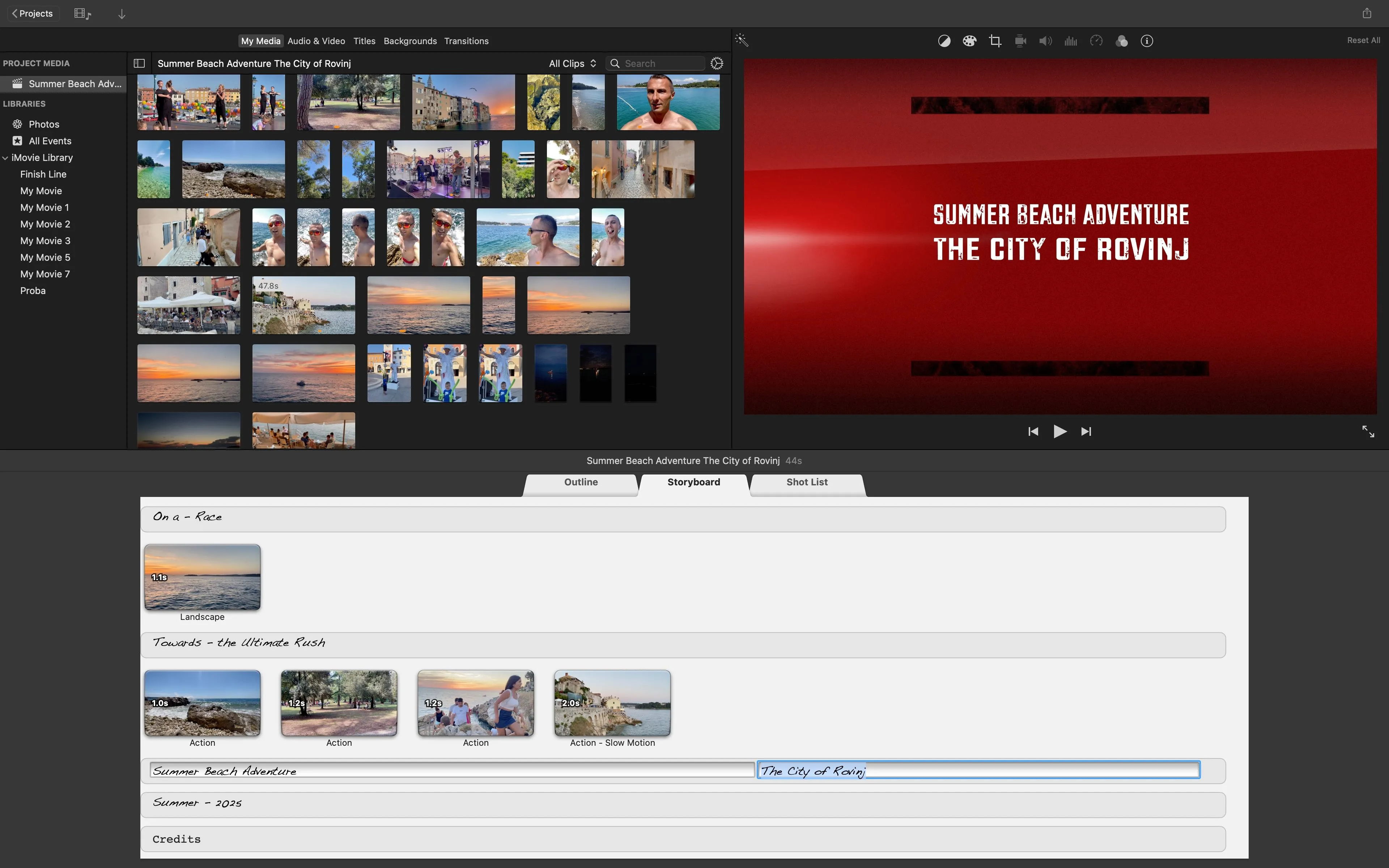 Chỉnh sửa tiêu đề phim tùy chỉnh trong phần &quot;Shot List&quot; của iMovie trên Mac.