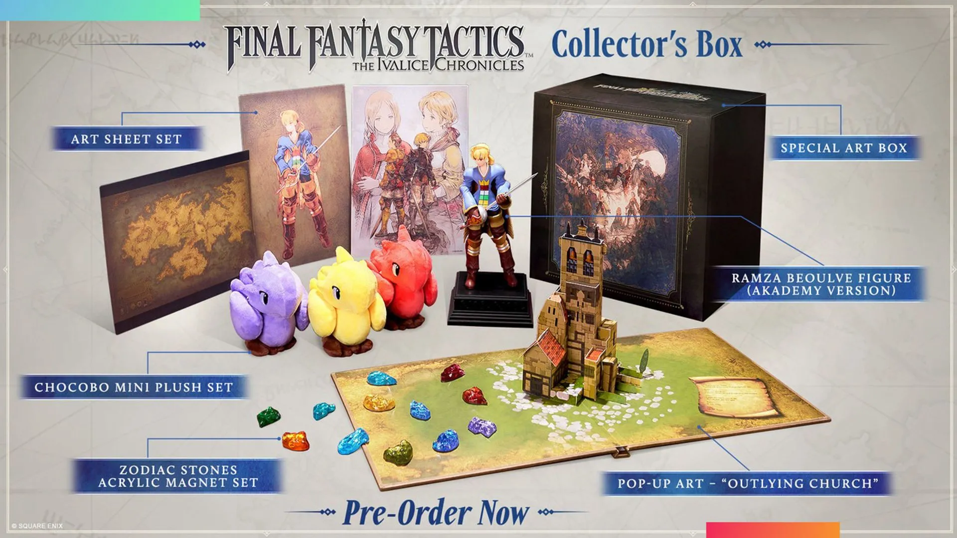Collector's Box Final Fantasy Tactics: The Ivalice Chronicles với tượng Ramza Beoulve và các phụ kiện độc đáo.