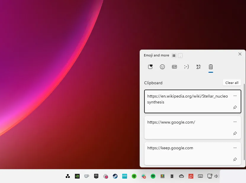 Cửa sổ lịch sử clipboard (Clipboard History) dạng flyout trên Windows 11, hiển thị các mục đã sao chép gần đây