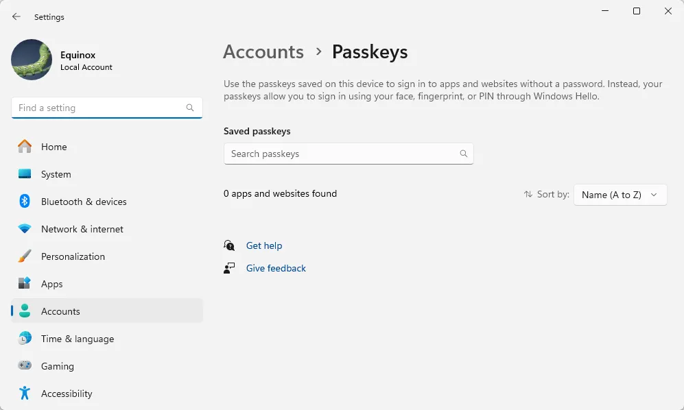 Cửa sổ quản lý khóa truy cập (Passkey) trên Windows 11