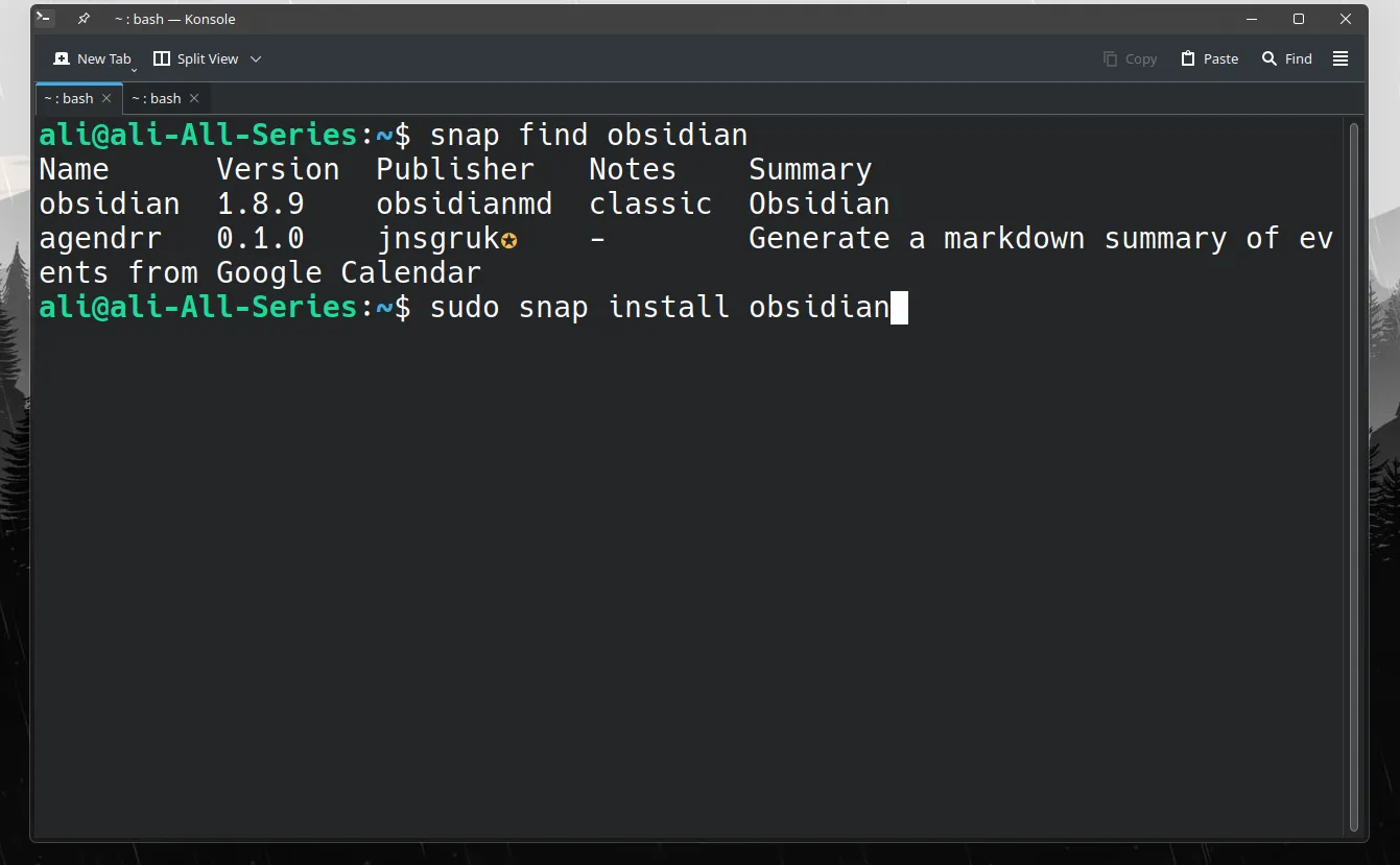 Cửa sổ Terminal trên Linux hiển thị lệnh &quot;sudo snap install obsidian&quot; đang chạy, minh họa quá trình cài đặt Obsidian qua Snap.