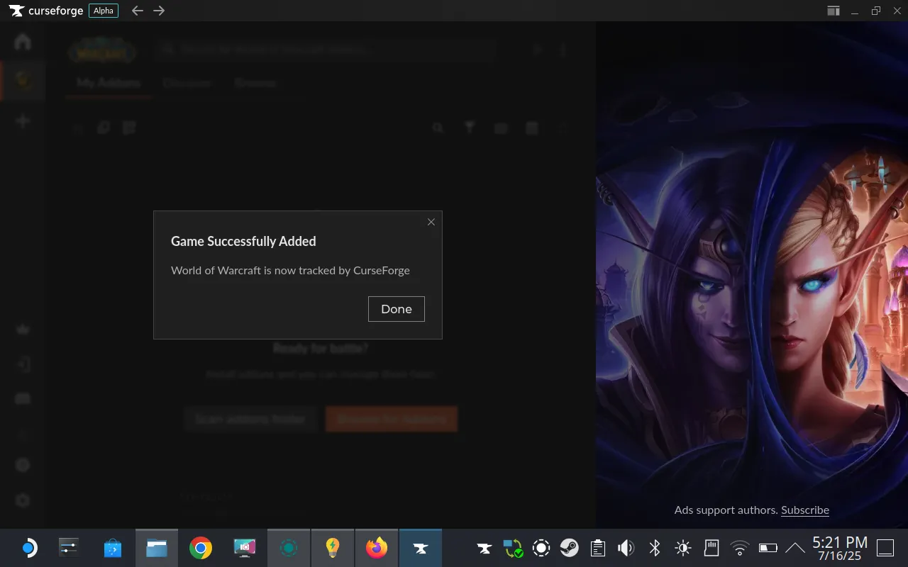 CurseForge đã nhận diện thành công thư mục game World of Warcraft