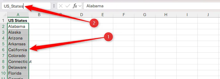 Danh sách các tiểu bang Hoa Kỳ trong Excel, minh họa việc đặt tên vùng 'US_States' cho các ô chứa danh sách này.