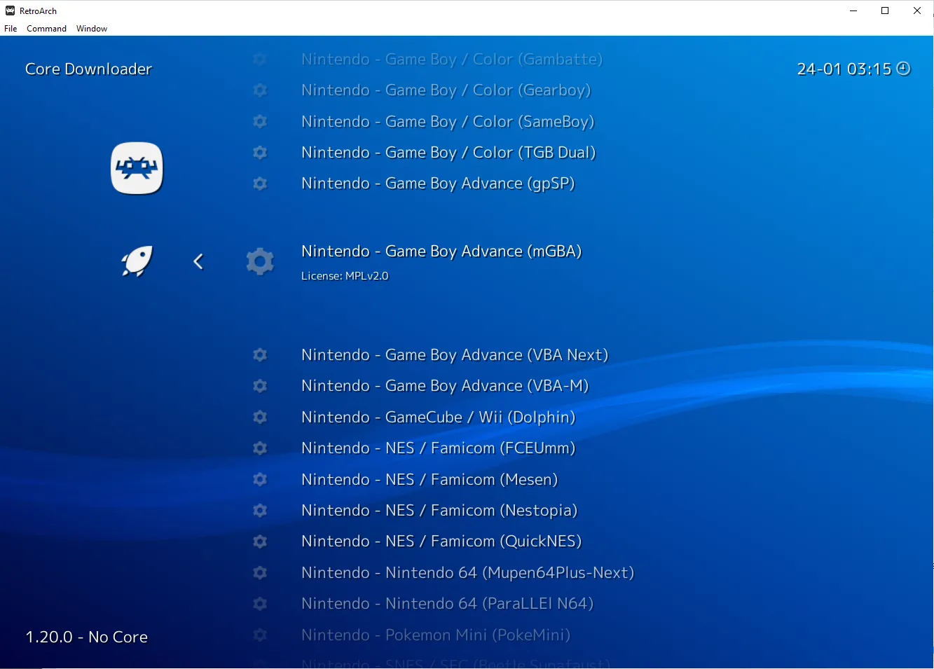 Danh sách Core đa dạng trong RetroArch Core Downloader