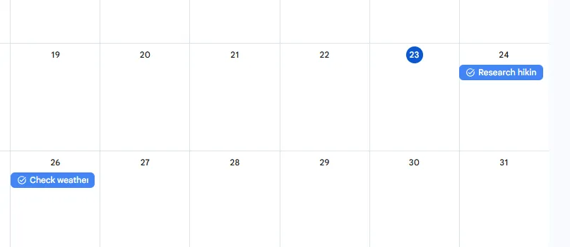 Danh sách tác vụ Google Tasks được hiển thị trực quan trên lịch Google Calendar theo ngày đến hạn.