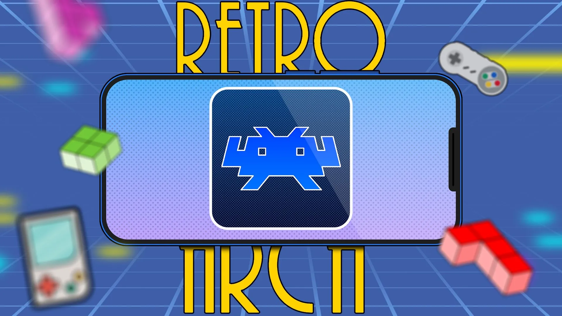 Điện thoại di động với biểu tượng RetroArch trong bối cảnh trò chơi cổ điển