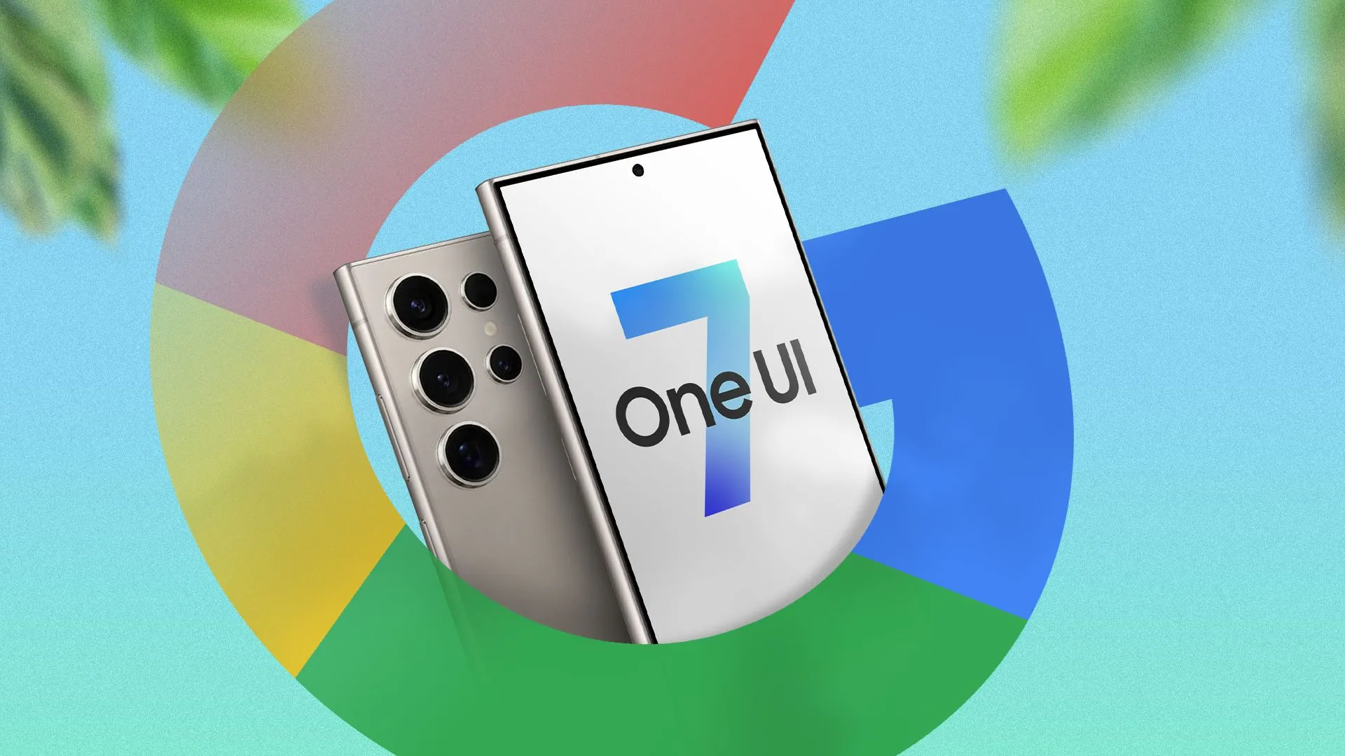 Điện thoại Galaxy S24 hiển thị logo One UI 7, cùng biểu tượng Google xung quanh