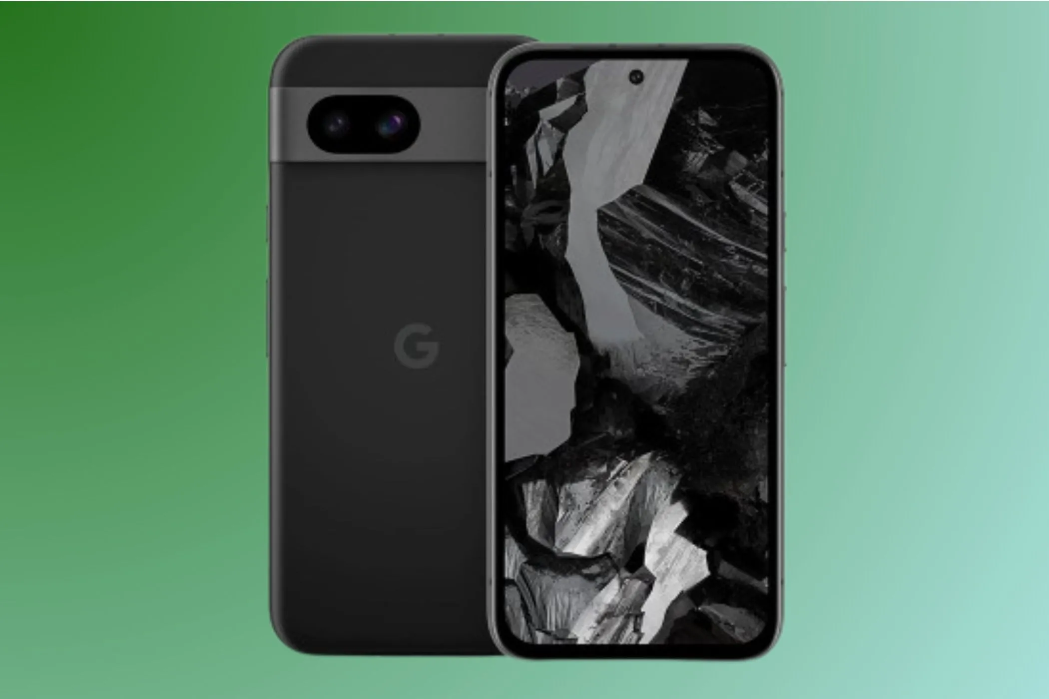 Điện thoại Google Pixel 8a màu xanh bạc hà, đặt nghiêng hiển thị màn hình và viền. Đây là mẫu Pixel giá rẻ có camera chụp ảnh tốt.