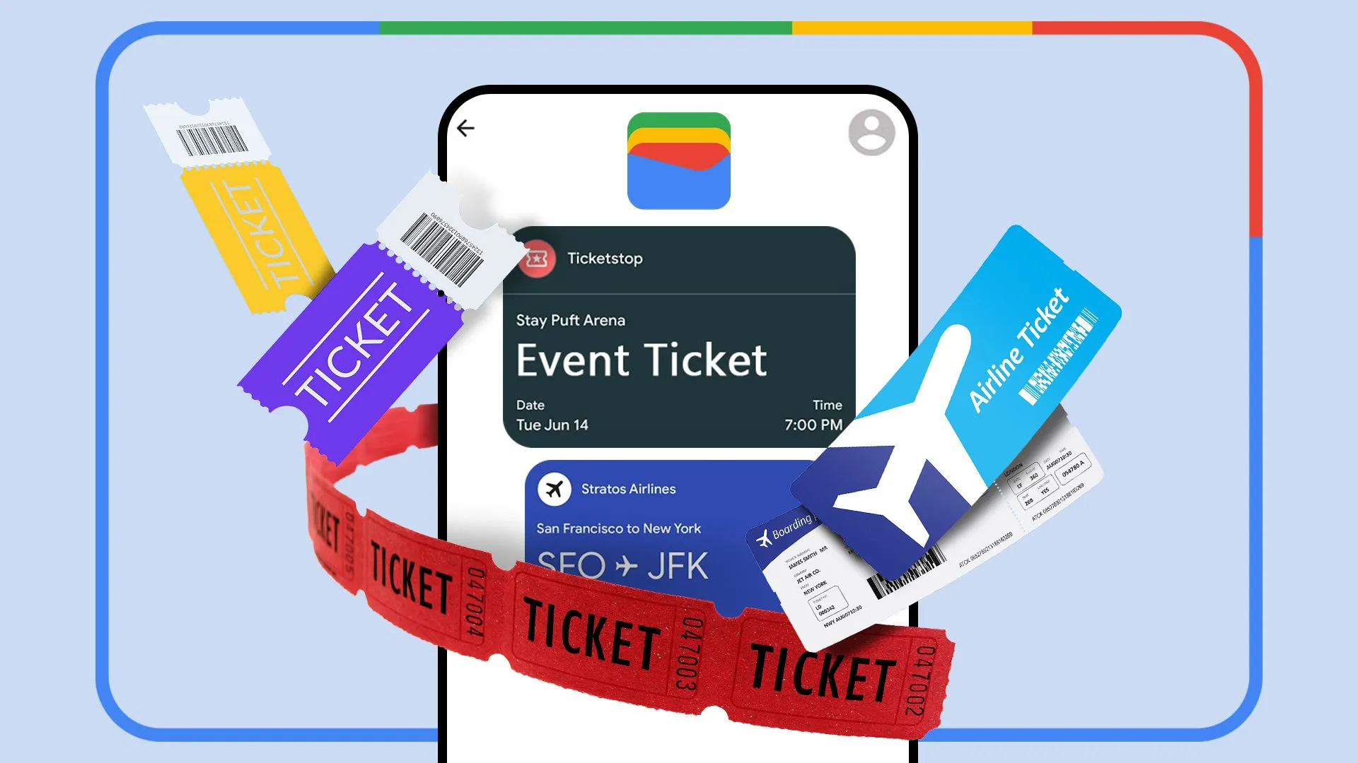 Điện thoại hiển thị ứng dụng Google Wallet với nhiều loại thẻ và vé kỹ thuật số, minh họa khả năng tạo thẻ tùy chỉnh.