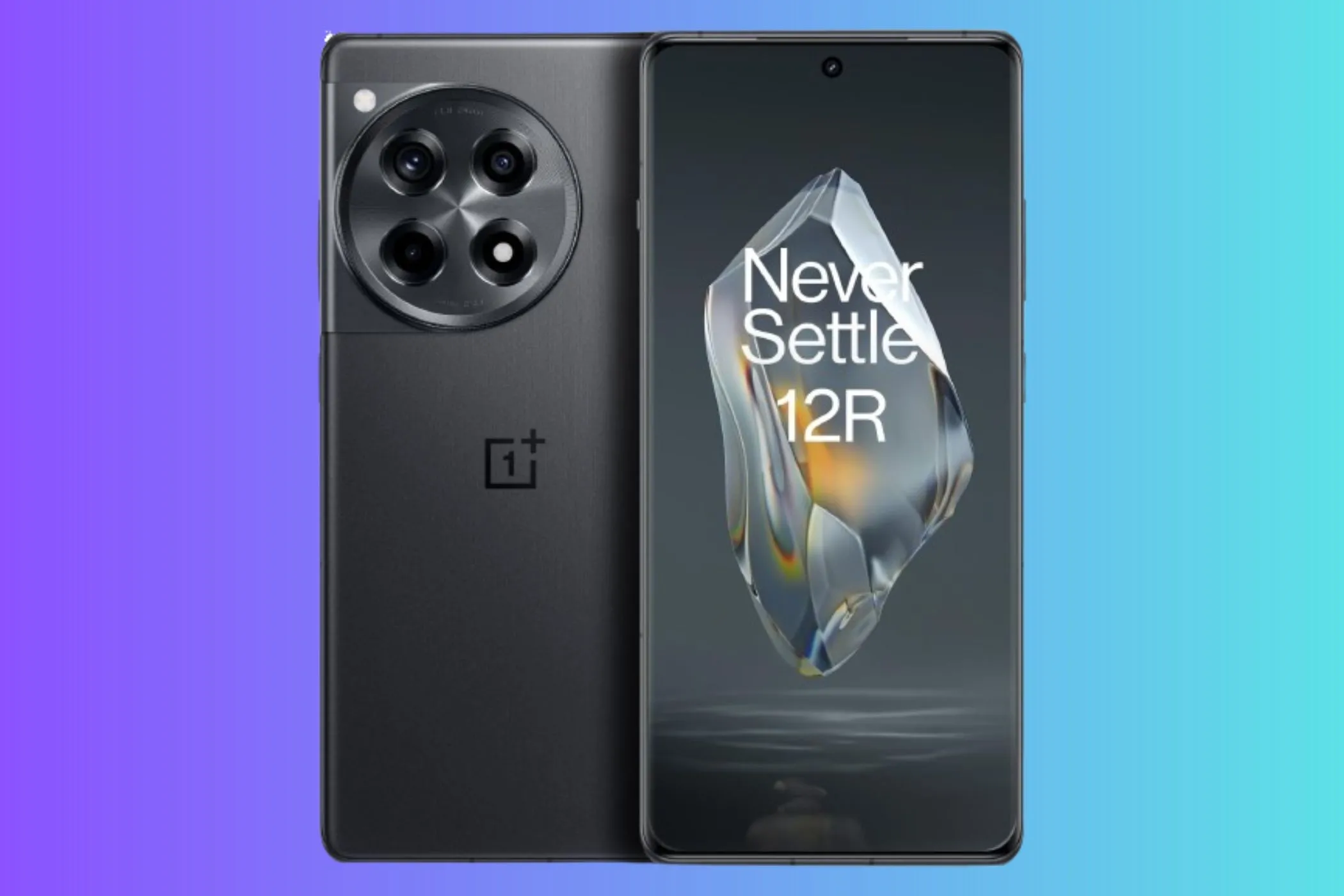 Điện thoại OnePlus 12R màu xám than, đặt trên nền chuyển màu. Đây là flagship killer giá rẻ với hiệu năng mạnh mẽ.