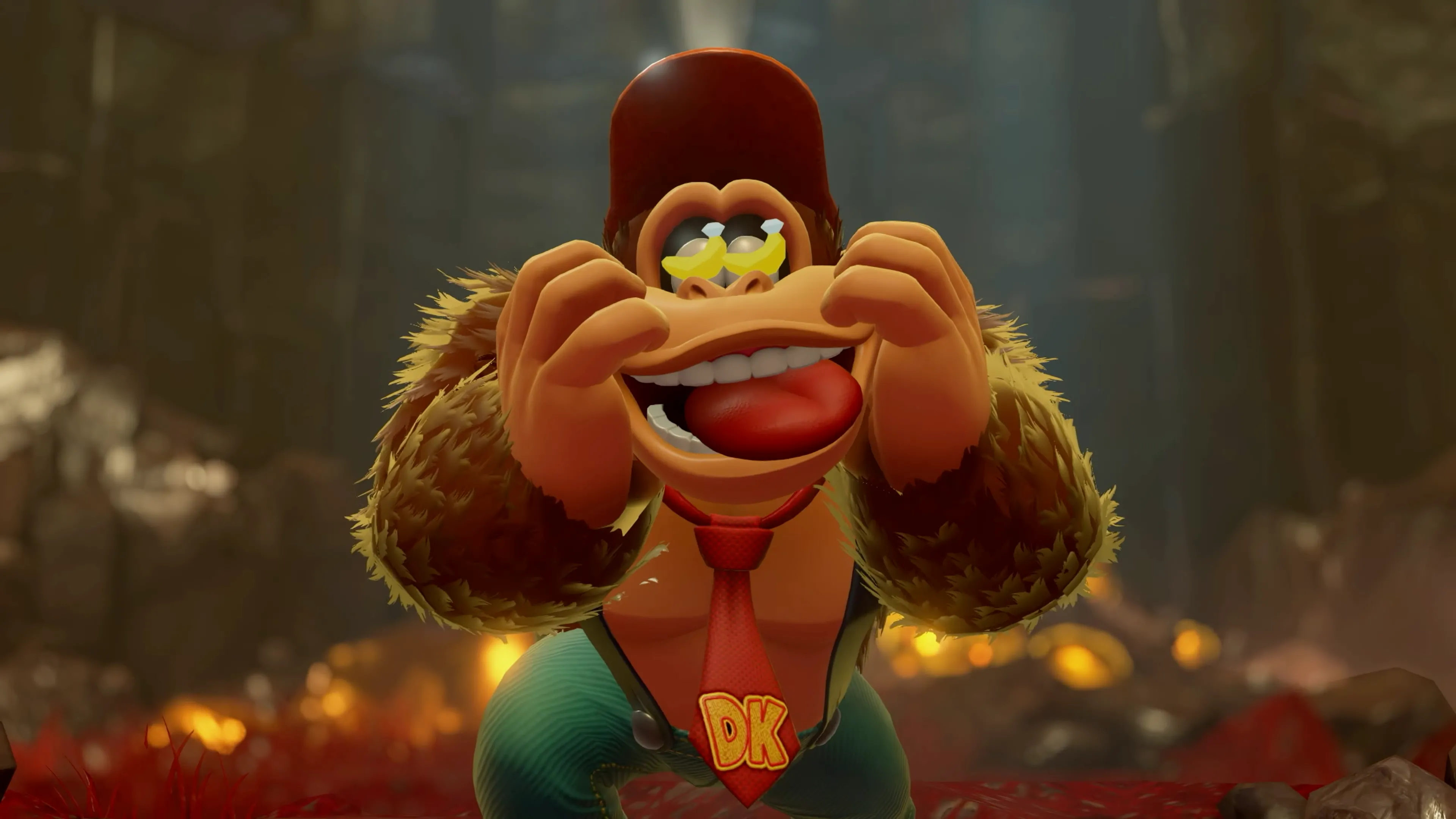 Donkey Kong với biểu cảm thích thú, mắt hình chuối trong game Donkey Kong Bananza
