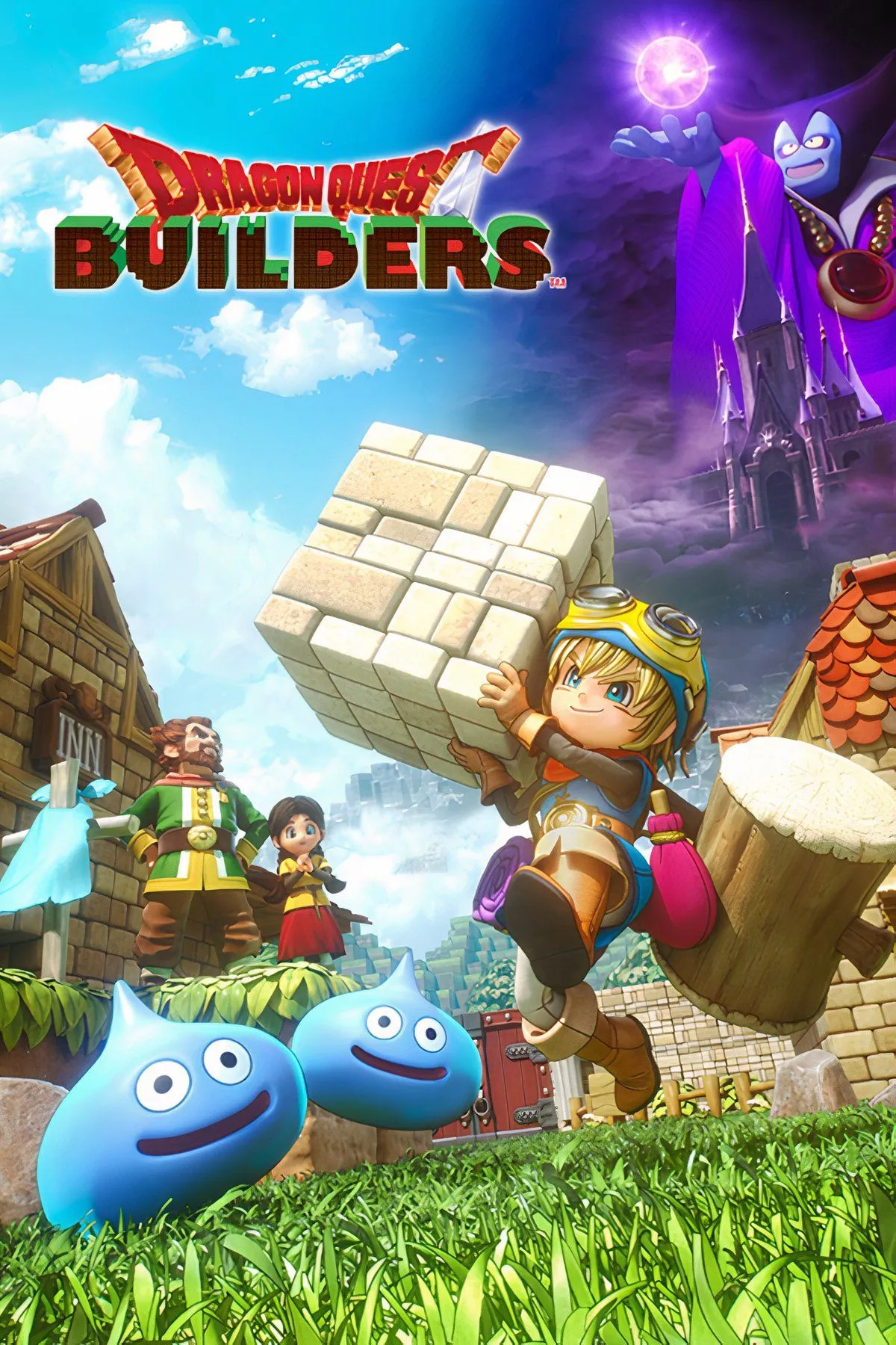 Dragon Quest Builders: Nhân vật chính với bản đồ và các công trình xây dựng kiểu khối trong một thế giới đầy màu sắc