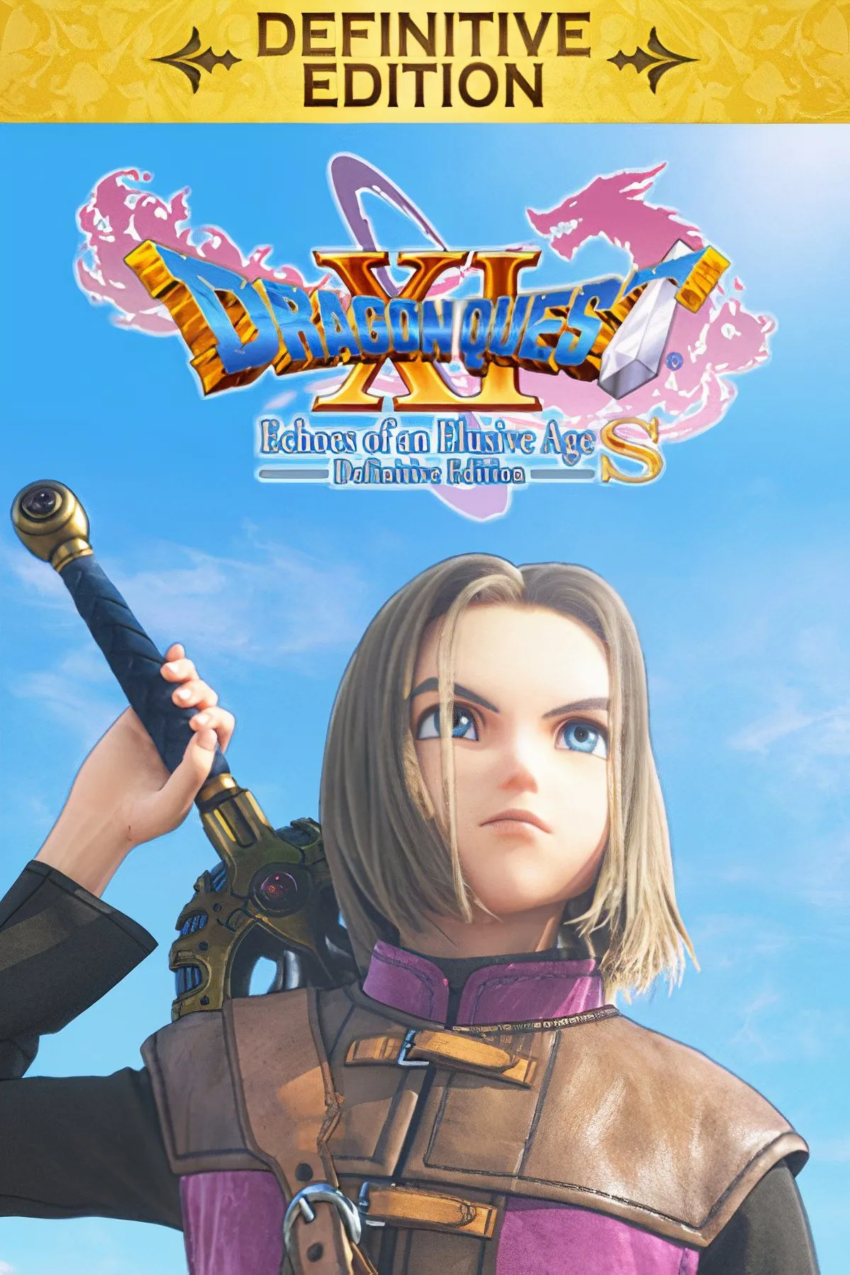 Dragon Quest XI S: Echoes of an Elusive Age Definitive Edition: Bìa game với nhân vật chính và các đồng đội trong một thế giới giả tưởng rộng lớn