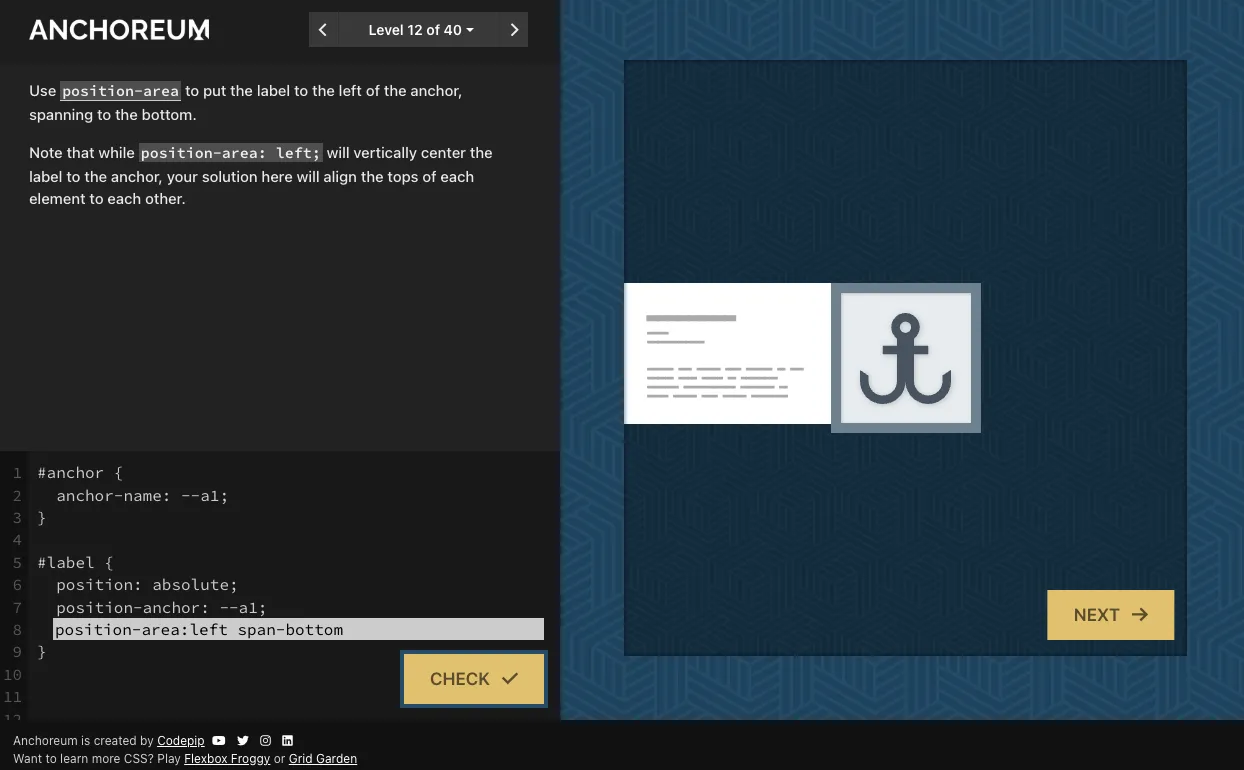 Game CSS Anchoreum với phần tử được neo và hướng dẫn ở bên trái, cùng khung nhập mã CSS.