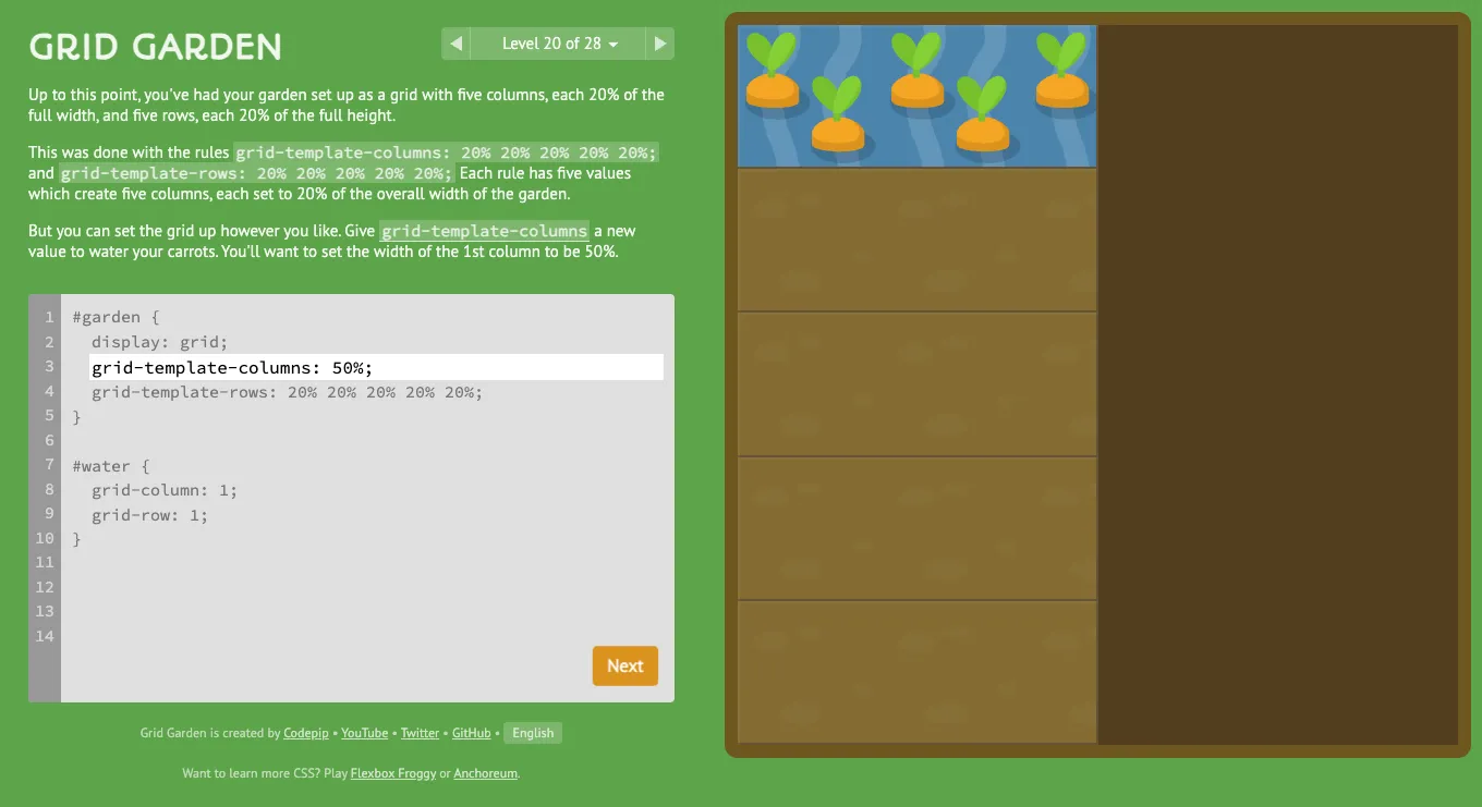 Game CSS Grid Garden với hình ảnh vườn cà rốt, hướng dẫn và khung nhập mã CSS Grid.