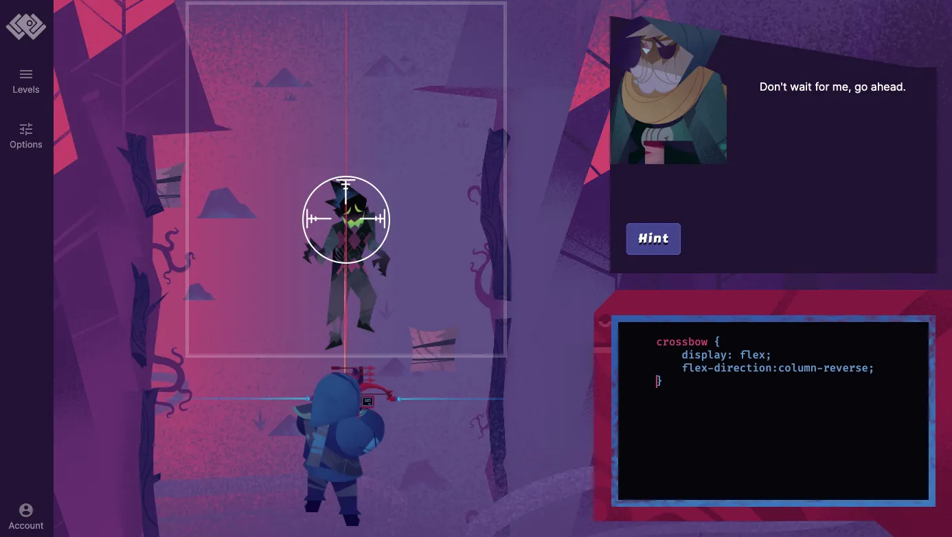Game Flexbox Zombies hiển thị nhân vật đang nhắm bắn zombie bằng mã CSS trong ô nhập liệu.